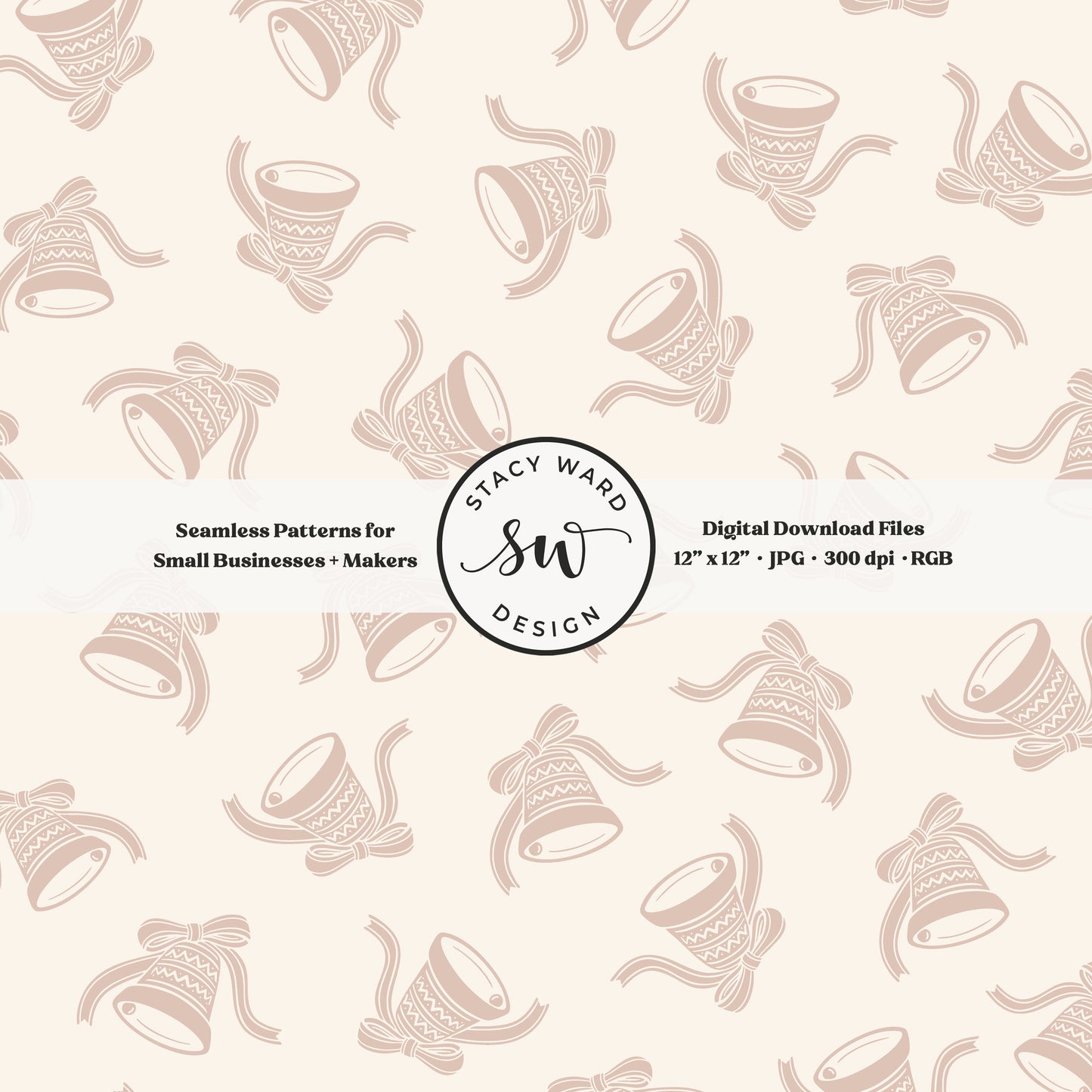 Nordic inspired jingle bells seamless pattern in blush pink on cream with coquette ribbons and bows