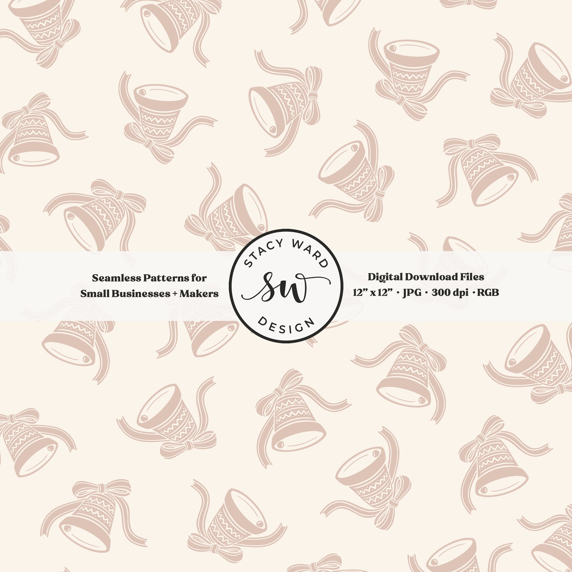 Nordic inspired jingle bells seamless pattern in blush pink on cream with coquette ribbons and bows
