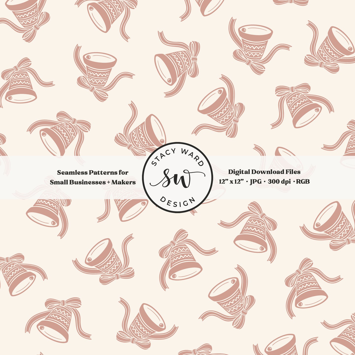Nordic inspired jingle bells seamless pattern in dusty rose on cream with coquette ribbons and bows