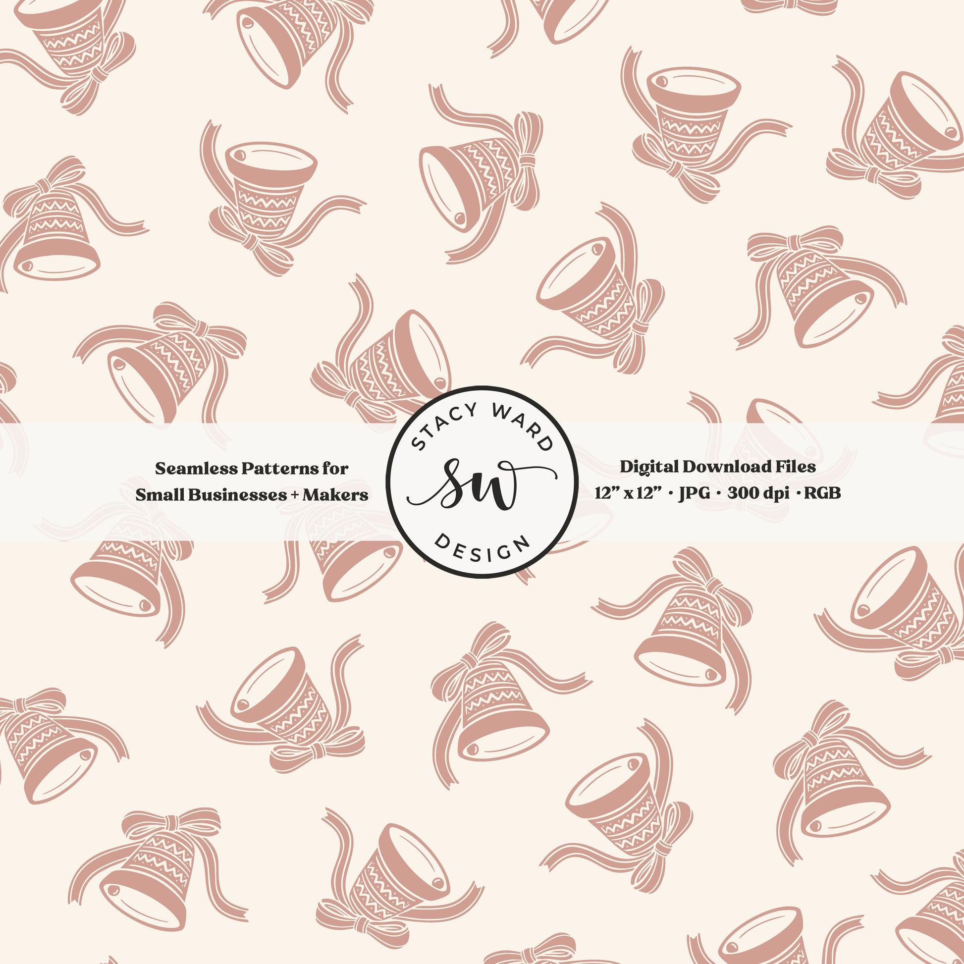 Nordic inspired jingle bells seamless pattern in dusty rose on cream with coquette ribbons and bows
