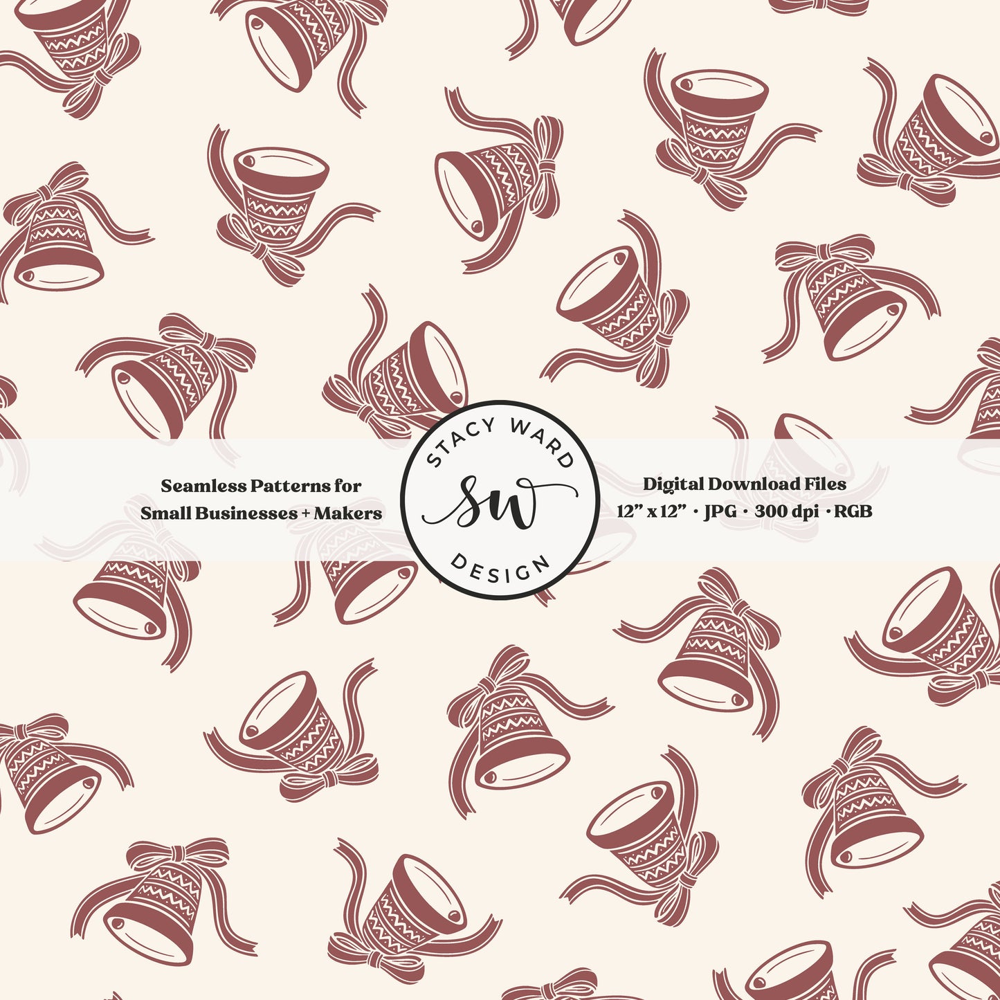 Nordic inspired jingle bells seamless pattern in burgundy on cream with coquette ribbons and bows