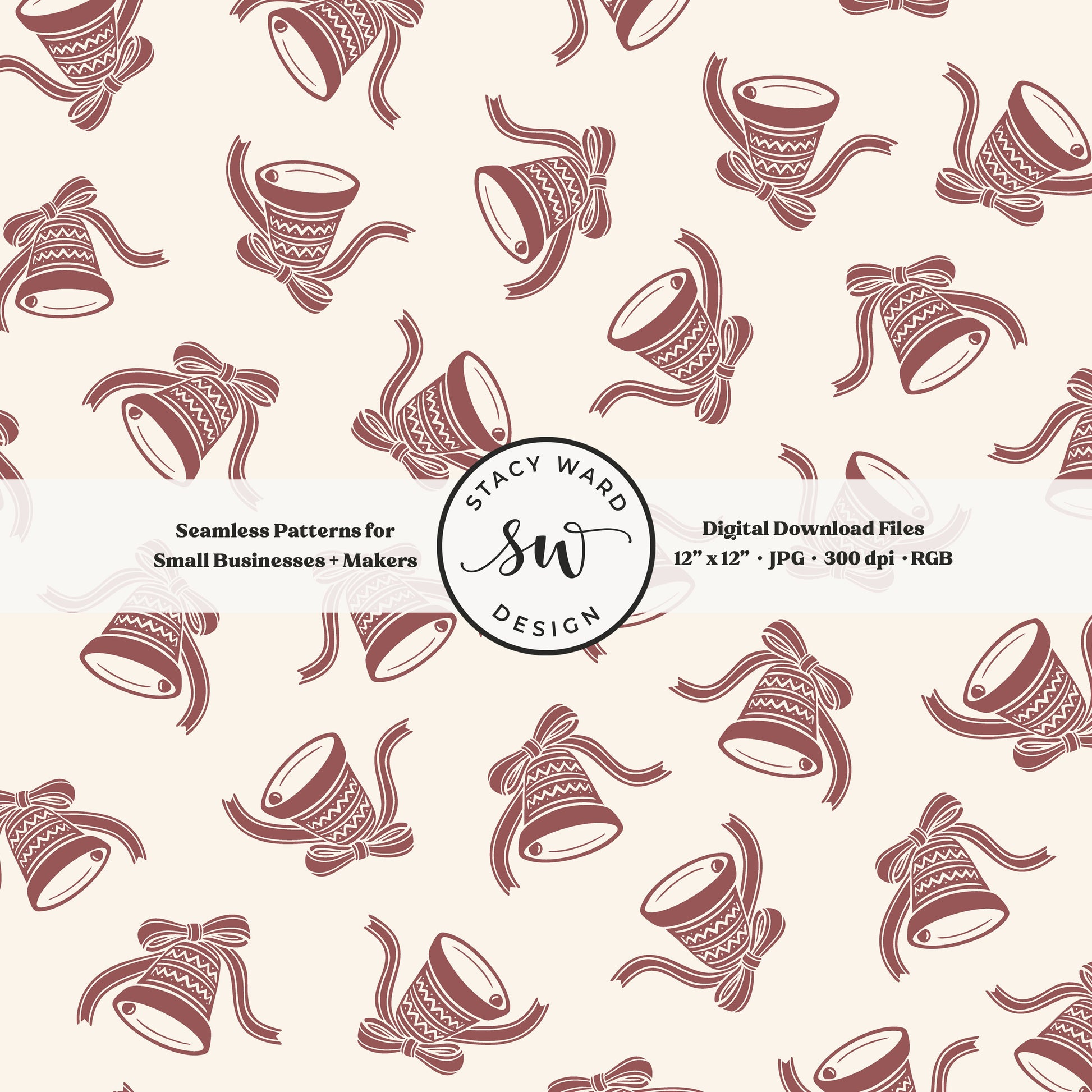 Nordic inspired jingle bells seamless pattern in burgundy on cream with coquette ribbons and bows