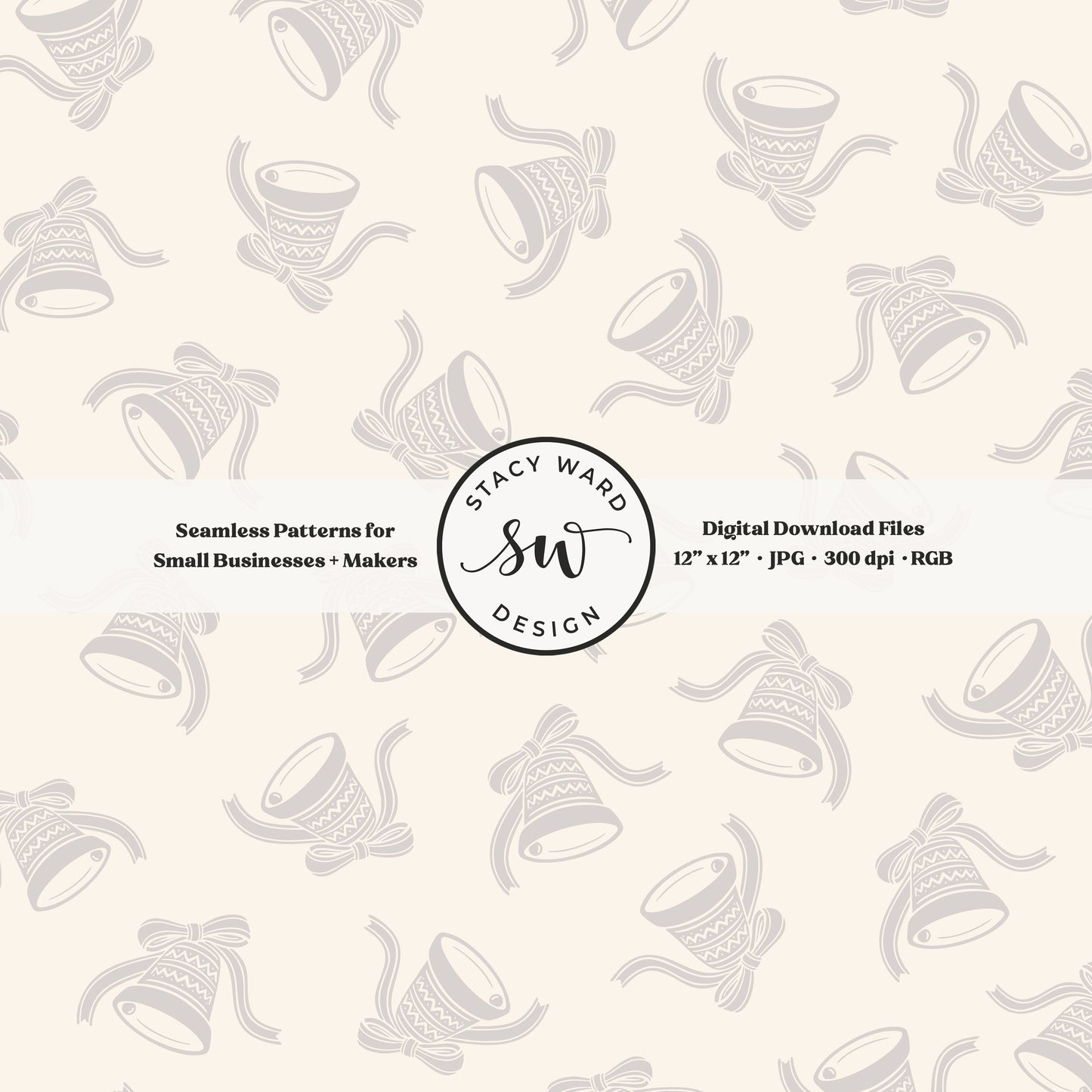Nordic inspired jingle bells seamless pattern in light gray on cream with coquette ribbons and bows