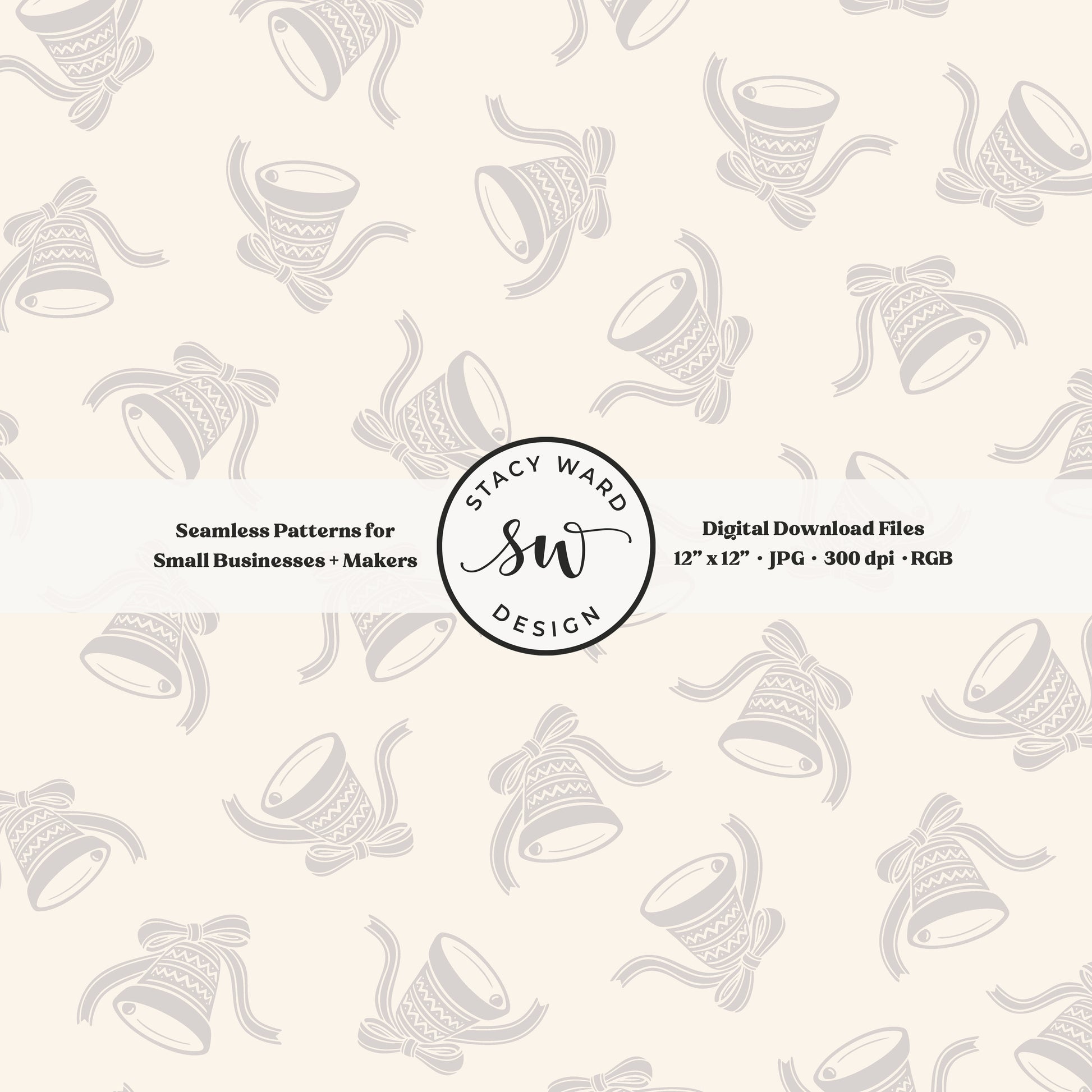 Nordic inspired jingle bells seamless pattern in light gray on cream with coquette ribbons and bows