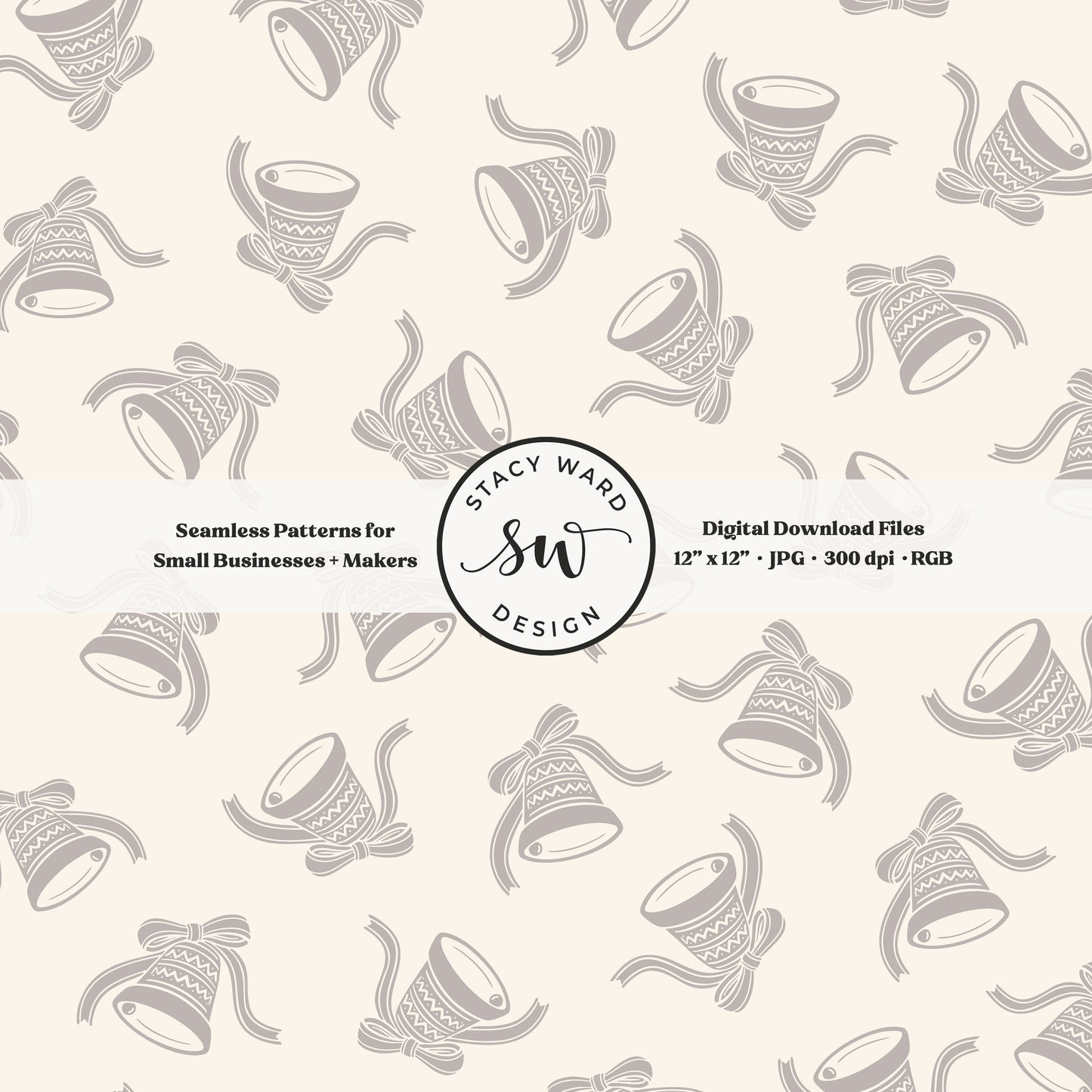 Nordic inspired jingle bells seamless pattern in gray brown on cream with coquette ribbons and bows