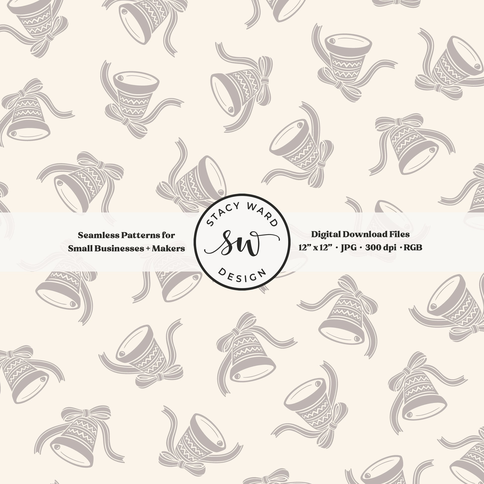 Nordic inspired jingle bells seamless pattern in gray brown on cream with coquette ribbons and bows