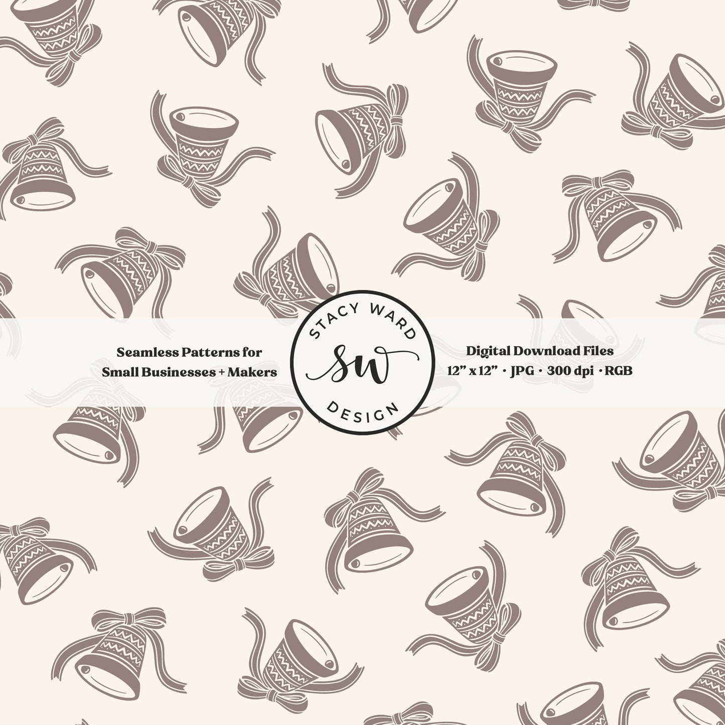 Nordic inspired jingle bells seamless pattern in taupe greige on cream with coquette ribbons and bows