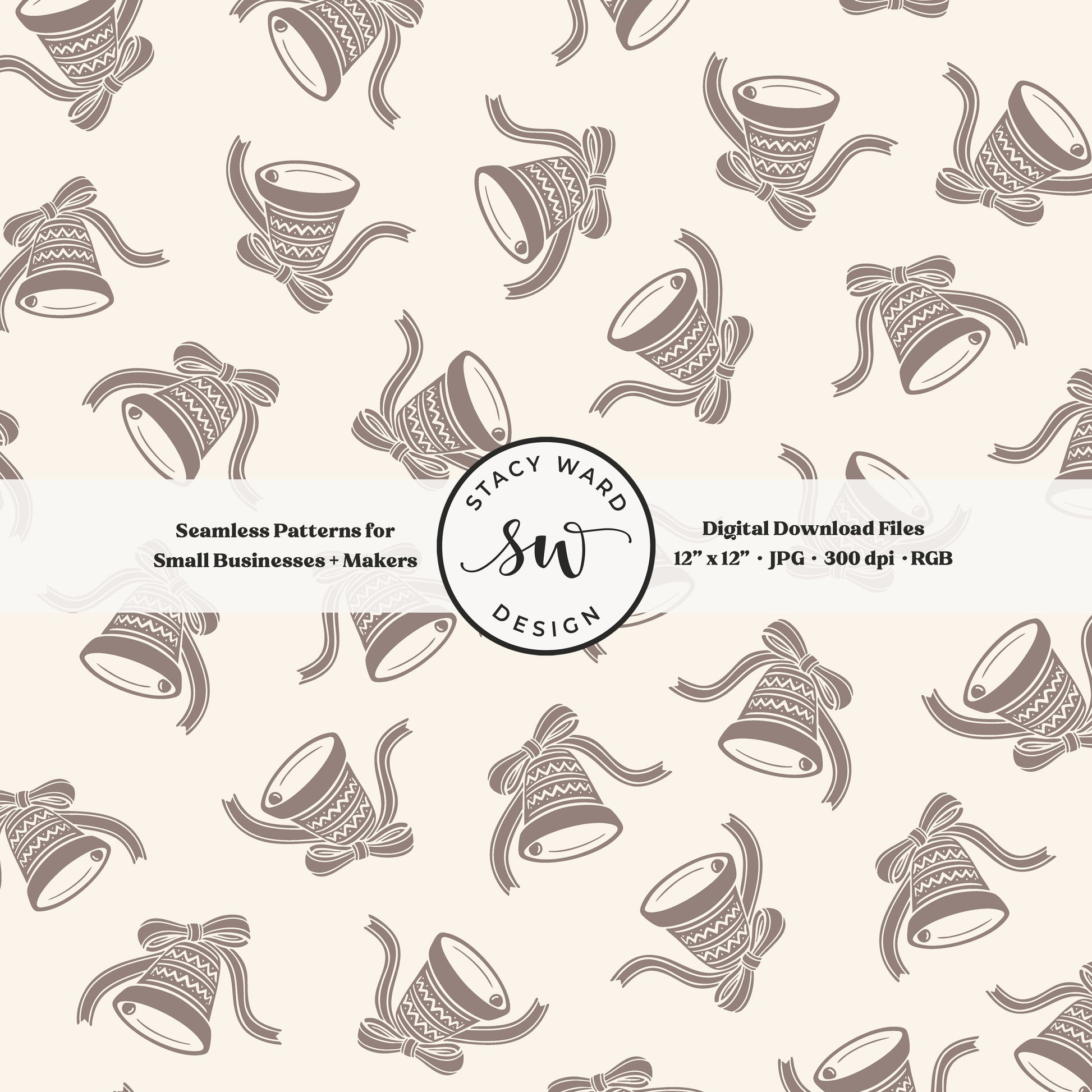 Nordic inspired jingle bells seamless pattern in taupe greige on cream with coquette ribbons and bows