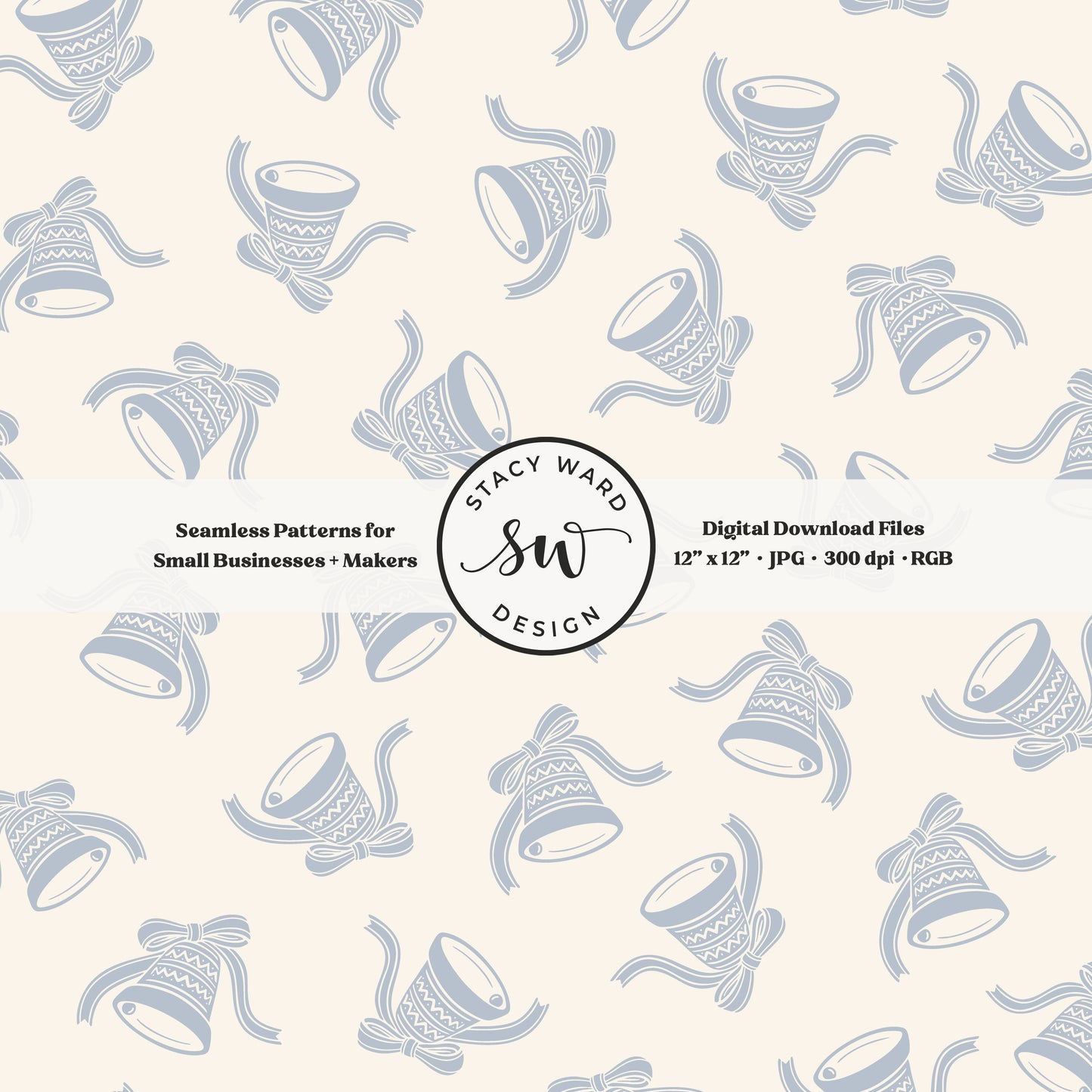 Nordic inspired jingle bells seamless pattern in pastel blue on cream with coquette ribbons and bows