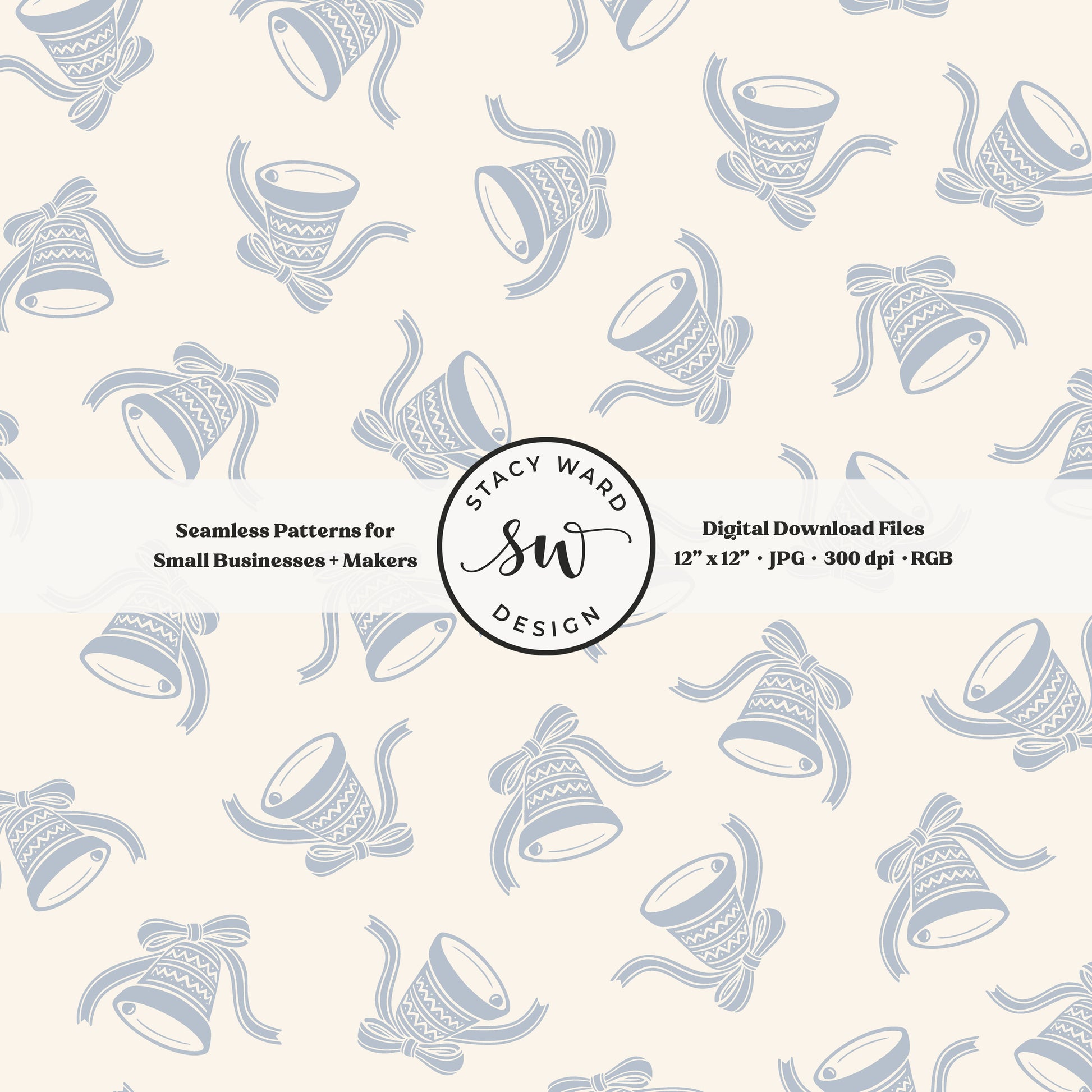 Nordic inspired jingle bells seamless pattern in pastel blue on cream with coquette ribbons and bows