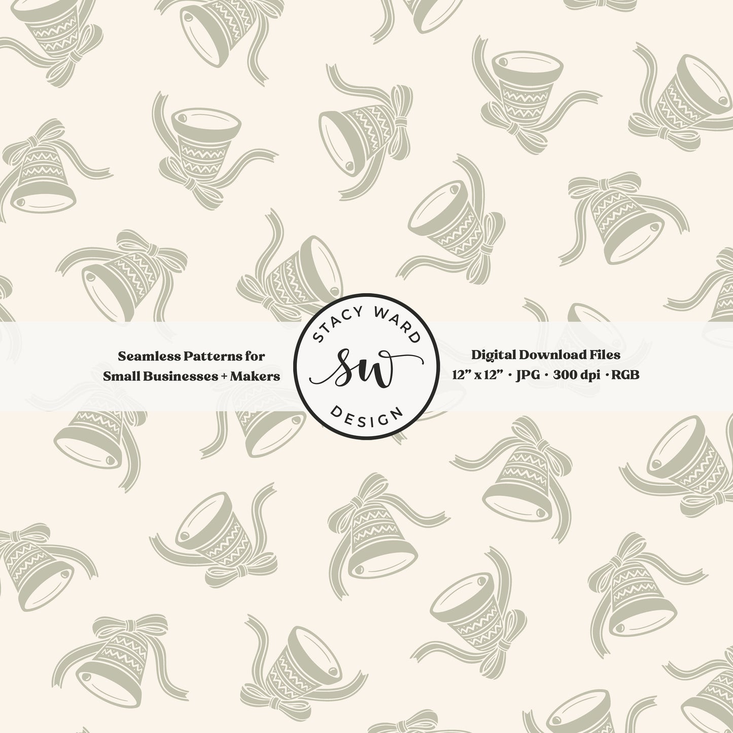Nordic inspired jingle bells seamless pattern in sage green on cream with coquette ribbons and bows