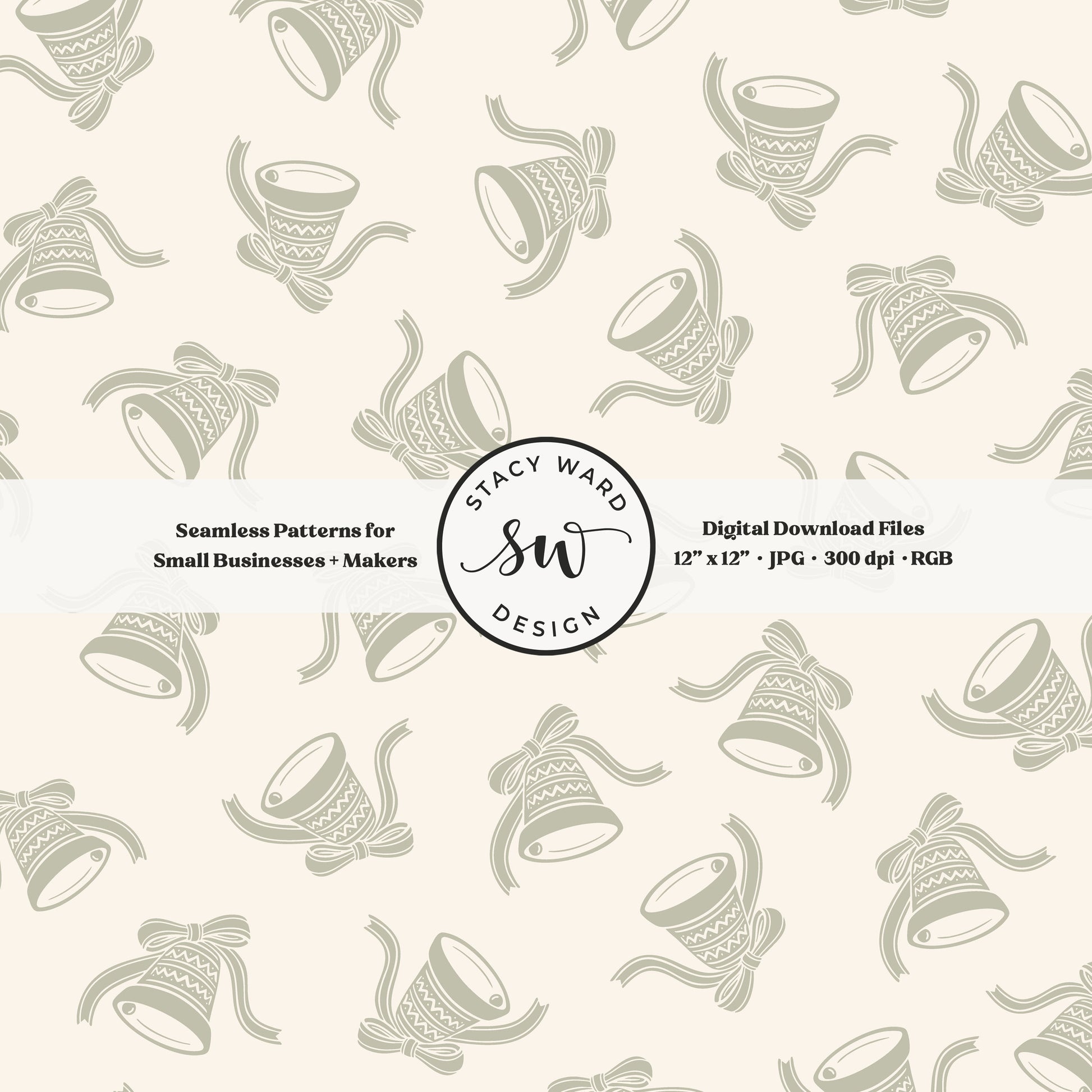 Nordic inspired jingle bells seamless pattern in sage green on cream with coquette ribbons and bows