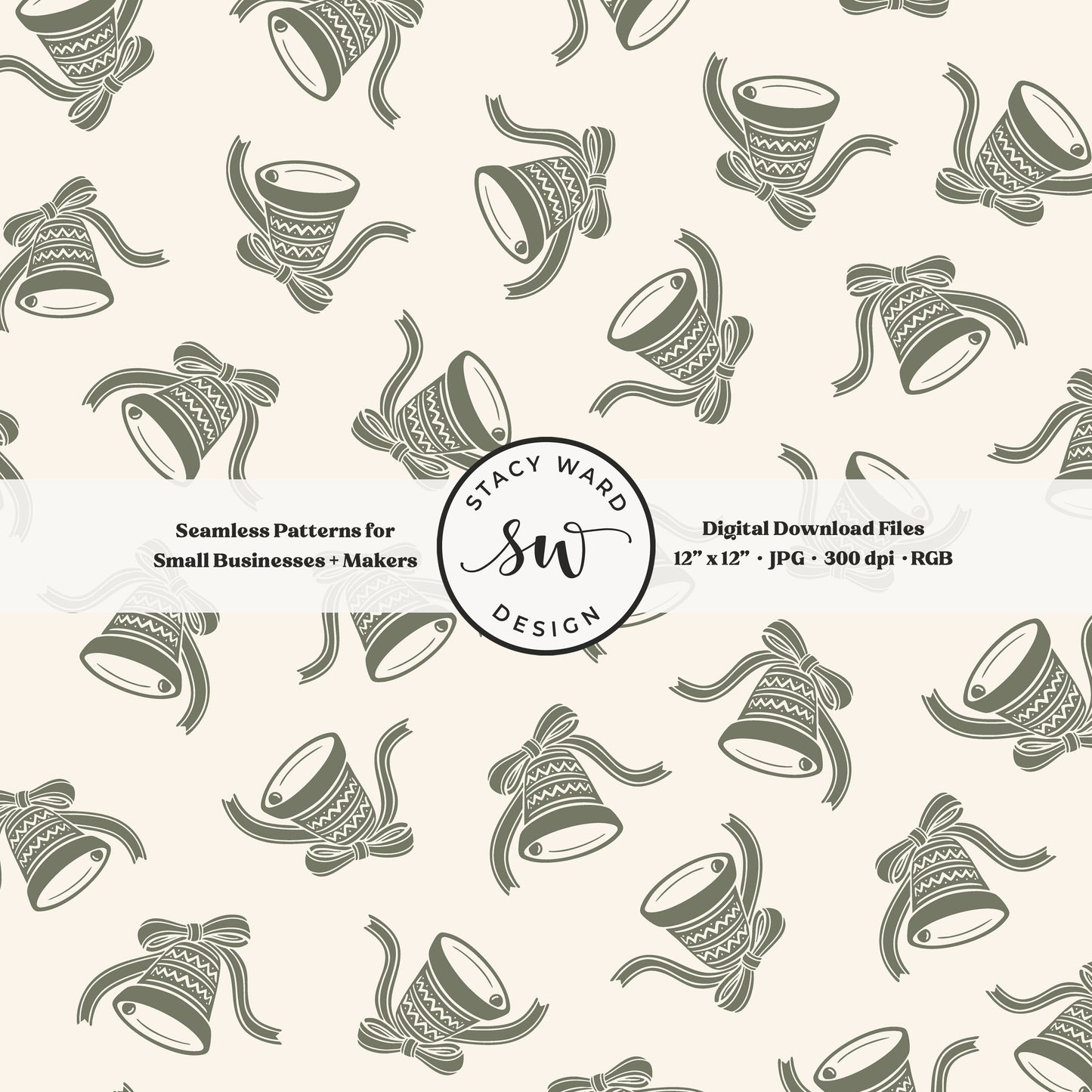 Nordic inspired jingle bells seamless pattern in olive green on cream with coquette ribbons and bows