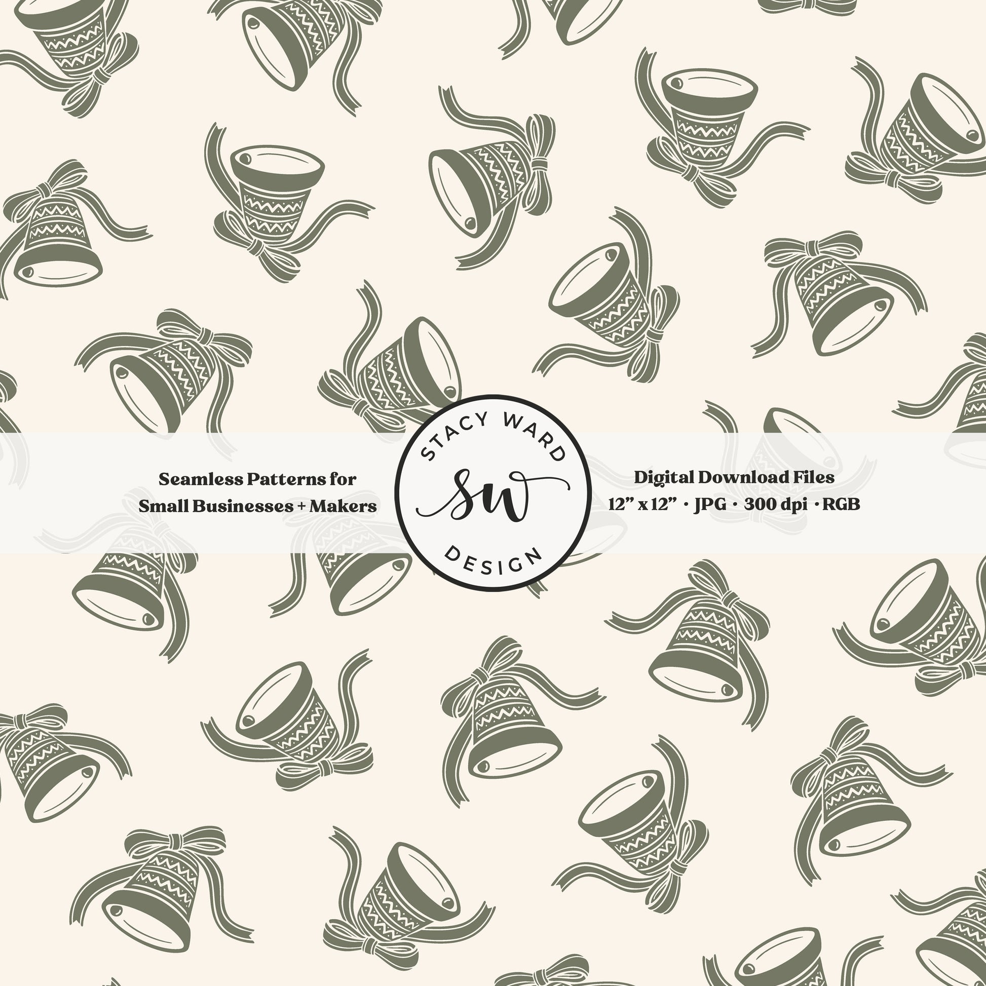 Nordic inspired jingle bells seamless pattern in olive green on cream with coquette ribbons and bows
