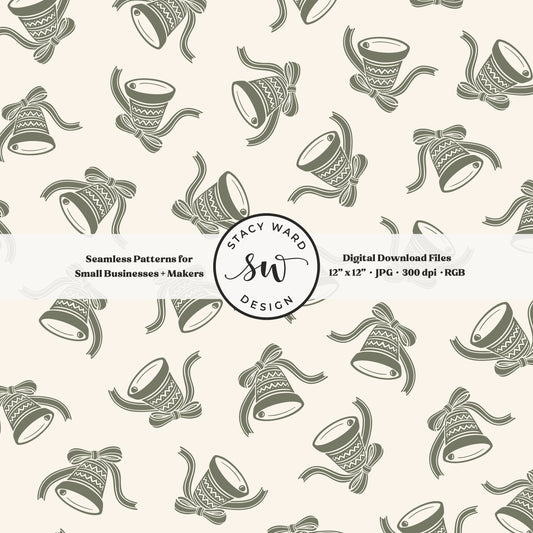 Nordic inspired jingle bells seamless pattern in olive green on cream with coquette ribbons and bows