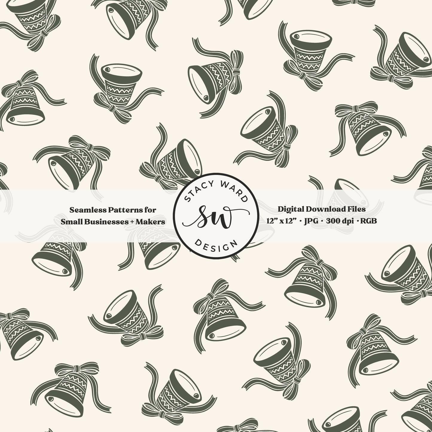 Nordic inspired jingle bells seamless pattern in forest green on cream with coquette ribbons and bows