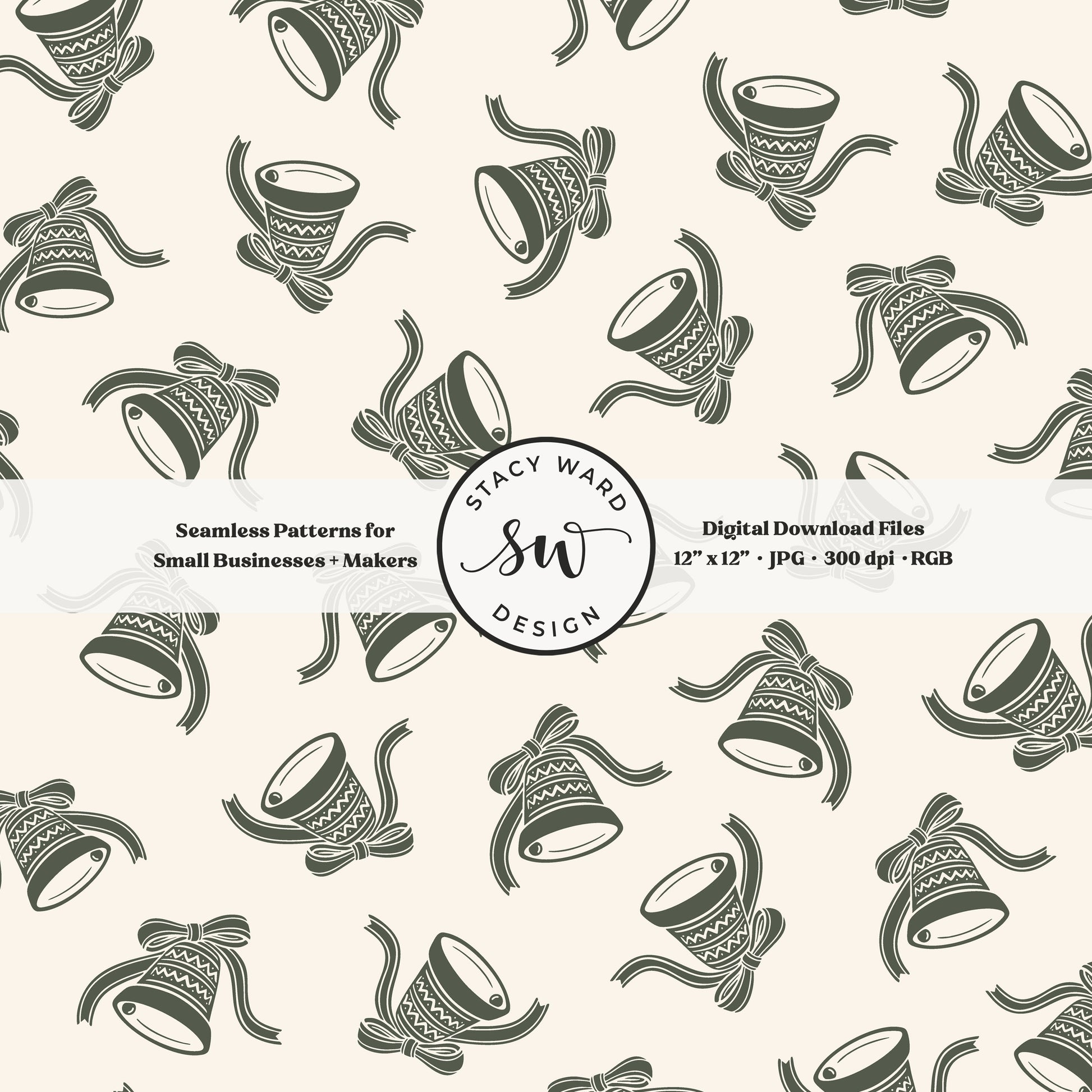 Nordic inspired jingle bells seamless pattern in forest green on cream with coquette ribbons and bows