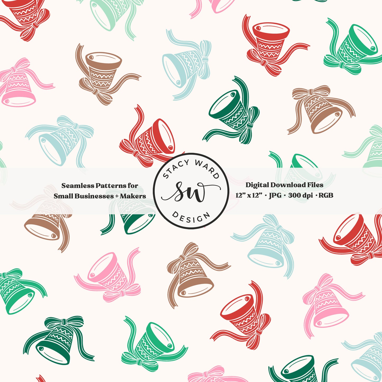 Festive christmas bells seamless pattern in retro bright colors on cream with coquette ribbons and bows