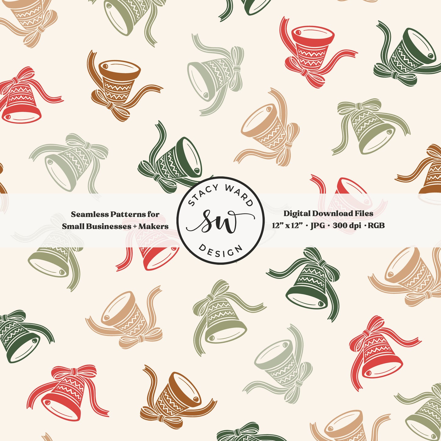 Festive christmas bells seamless pattern in classic colors on cream with coquette ribbons and bows