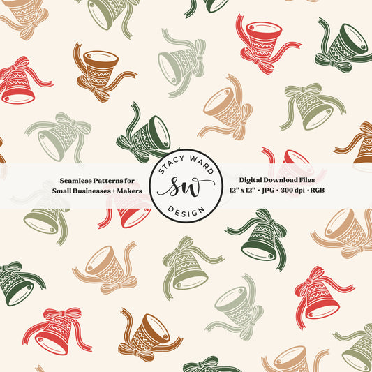 Festive christmas bells seamless pattern in classic colors on cream with coquette ribbons and bows