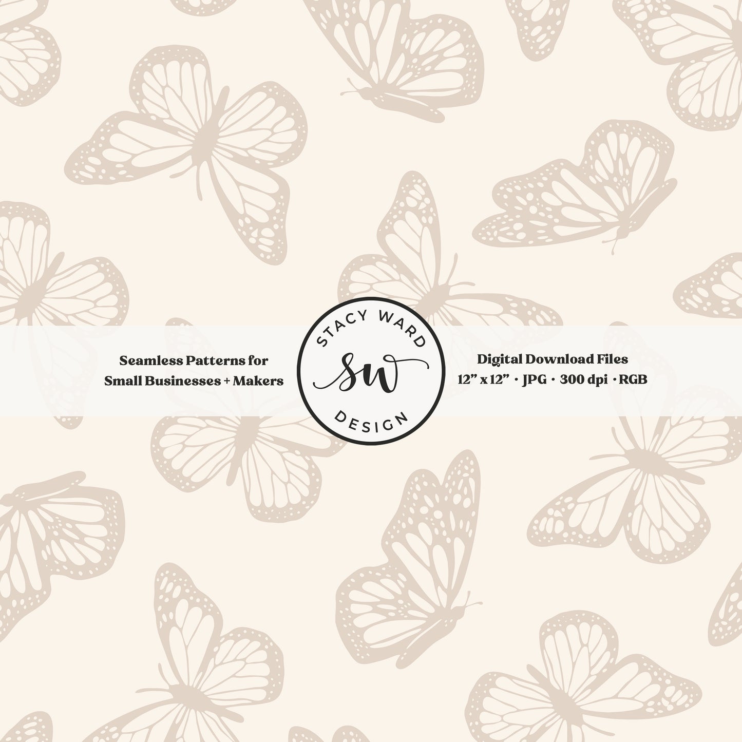Vintage butterfly illustrations on a seamless pattern in muted soft brown on cream minimal monarch butterflies