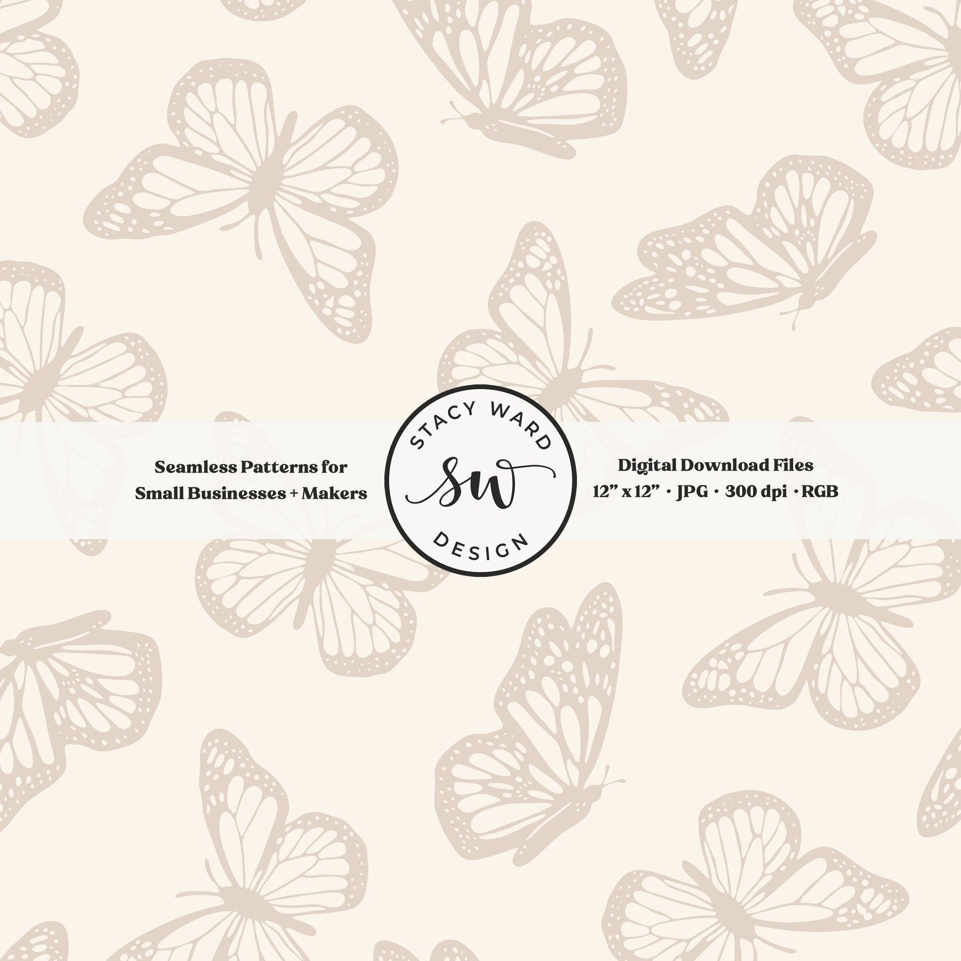 Vintage butterfly illustrations on a seamless pattern in muted soft brown on cream minimal monarch butterflies