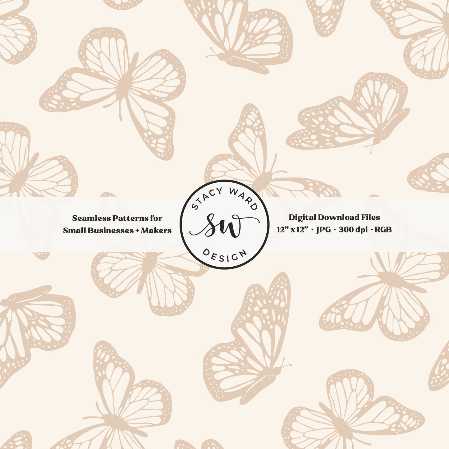 Vintage butterfly illustrations on a seamless pattern in earth tone neutral tan on cream minimal monarch butterflies