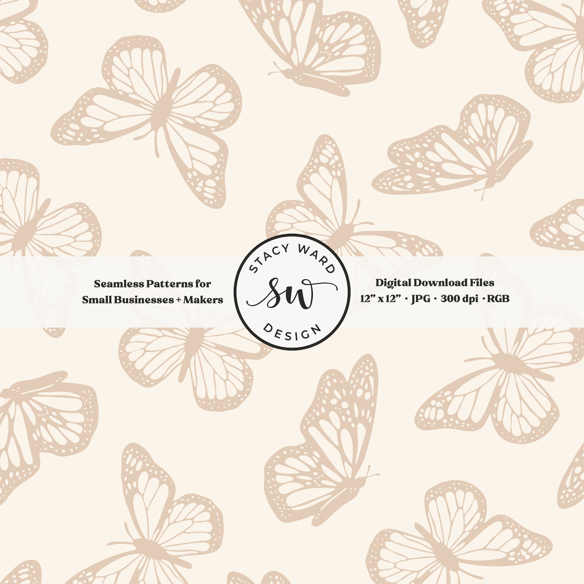 Vintage butterfly illustrations on a seamless pattern in earth tone neutral tan on cream minimal monarch butterflies