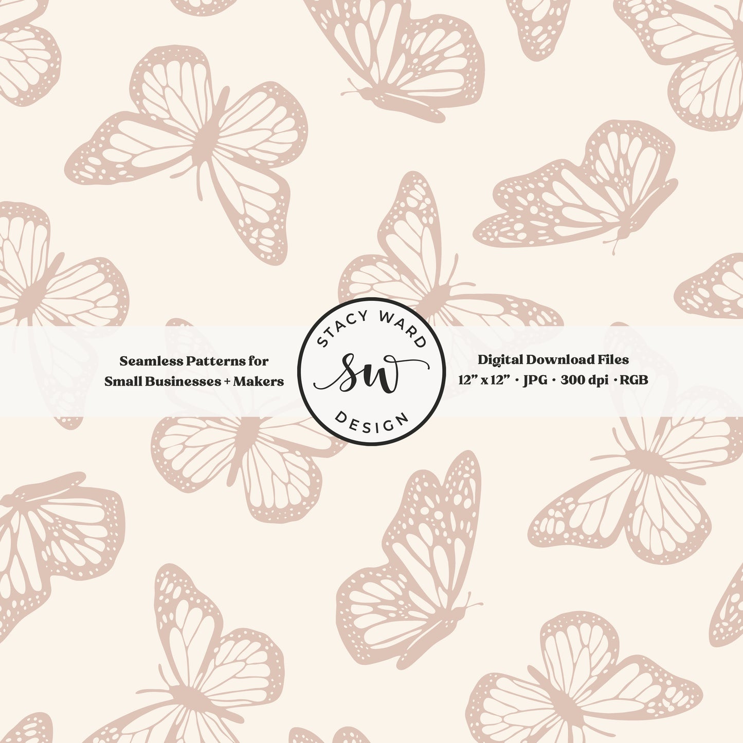 Vintage butterfly illustrations on a seamless pattern in soft muted dusty rose on cream minimal monarch butterflies
