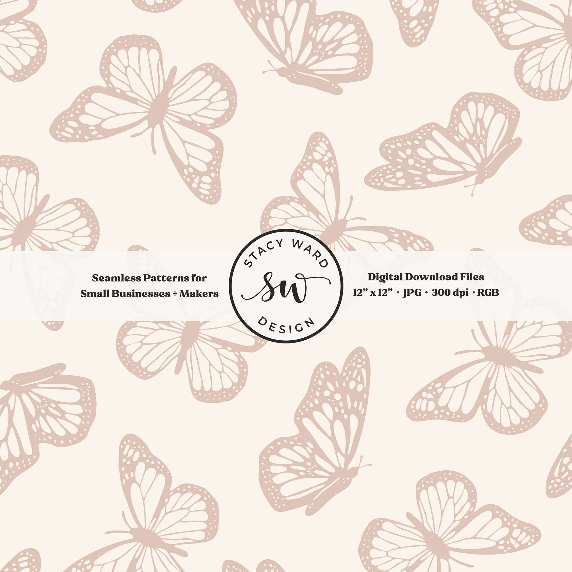 Vintage butterfly illustrations on a seamless pattern in soft muted dusty rose on cream minimal monarch butterflies