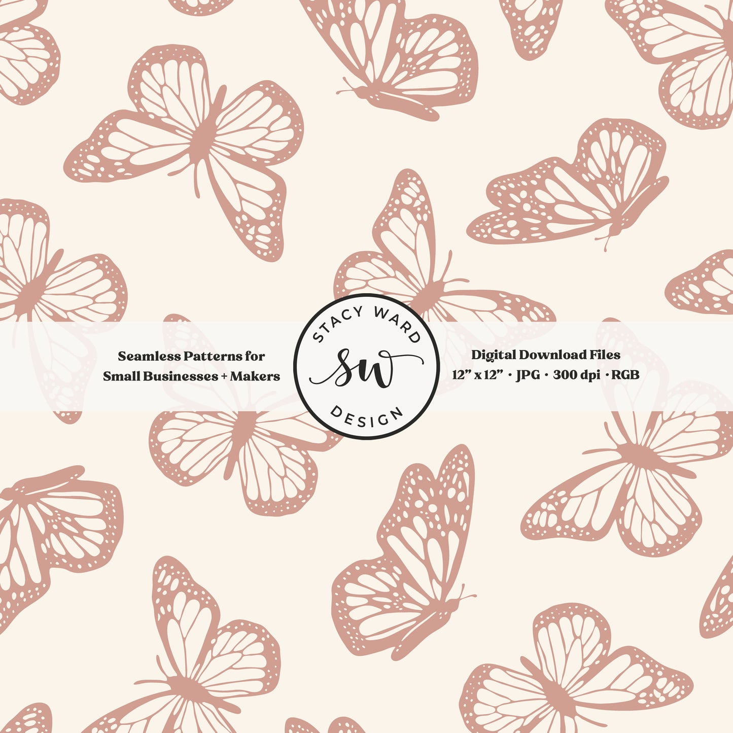 Vintage butterfly illustrations on a seamless pattern in muted dusky pink on cream minimal monarch butterflies