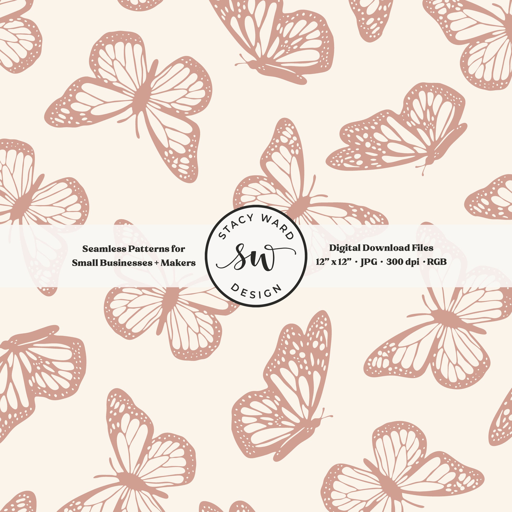 Vintage butterfly illustrations on a seamless pattern in muted dusky pink on cream minimal monarch butterflies