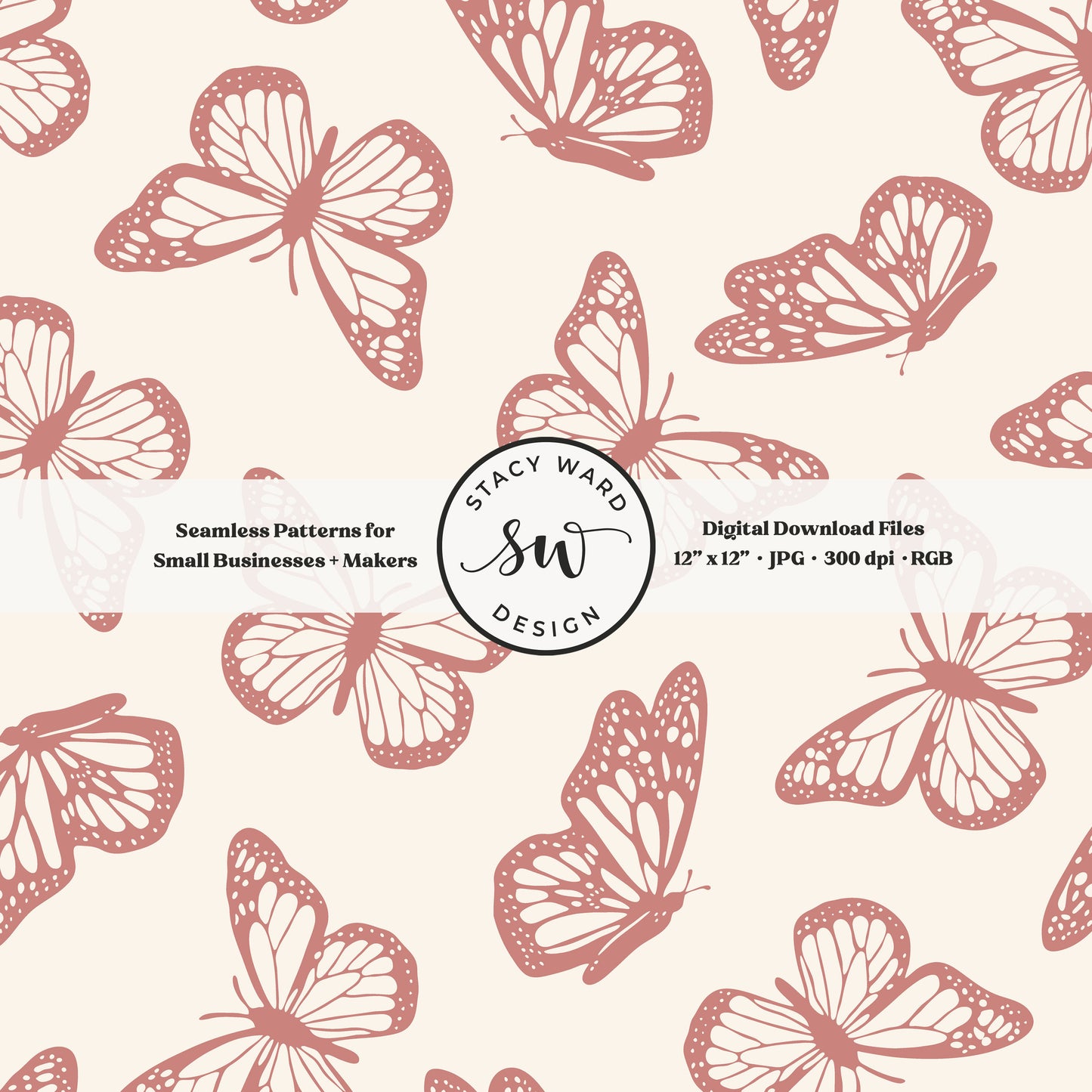 Vintage butterfly illustrations on a seamless pattern in girly antique pink on cream minimal monarch butterflies