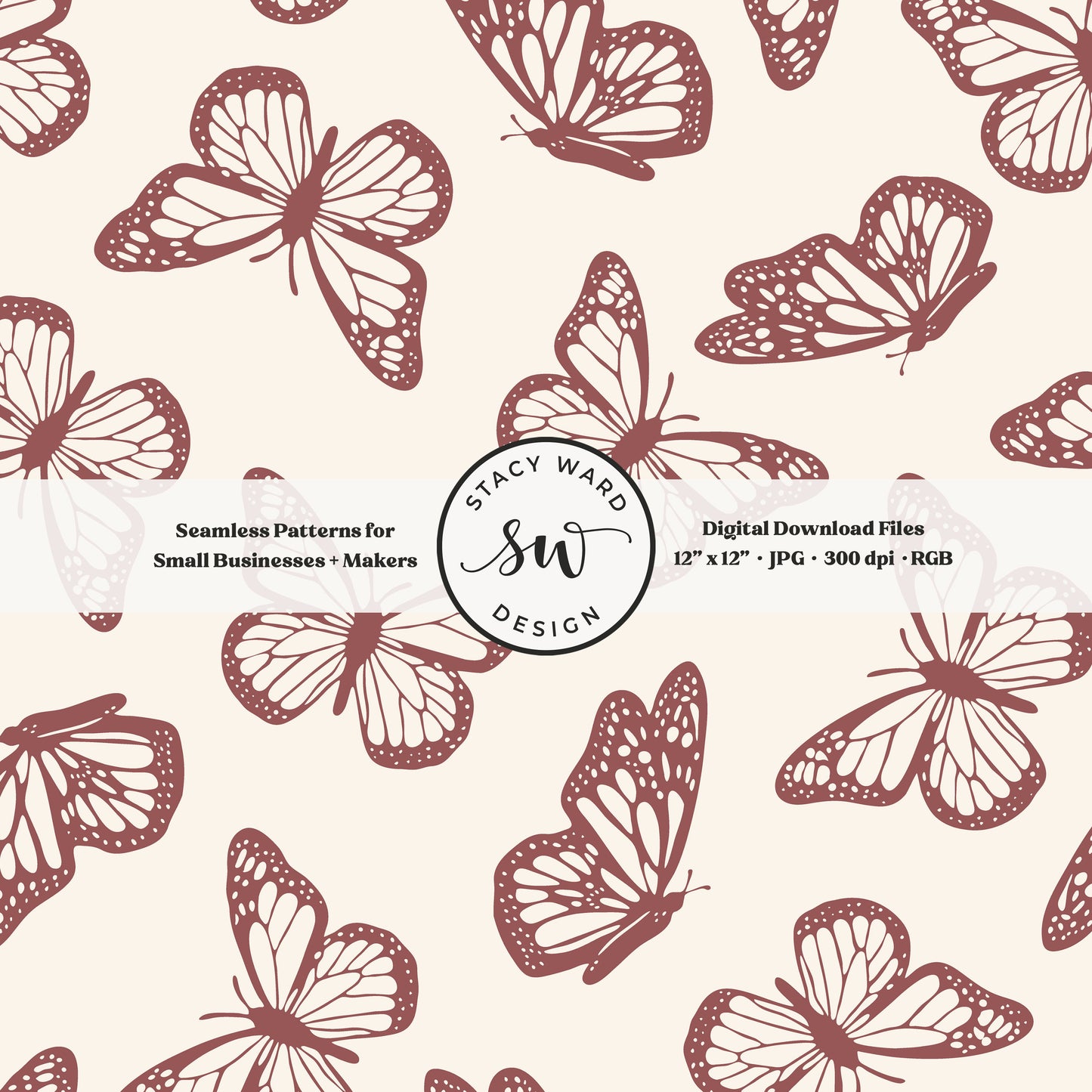 Vintage butterfly illustrations on a seamless pattern in bold burgundy wine on cream minimal monarch butterflies