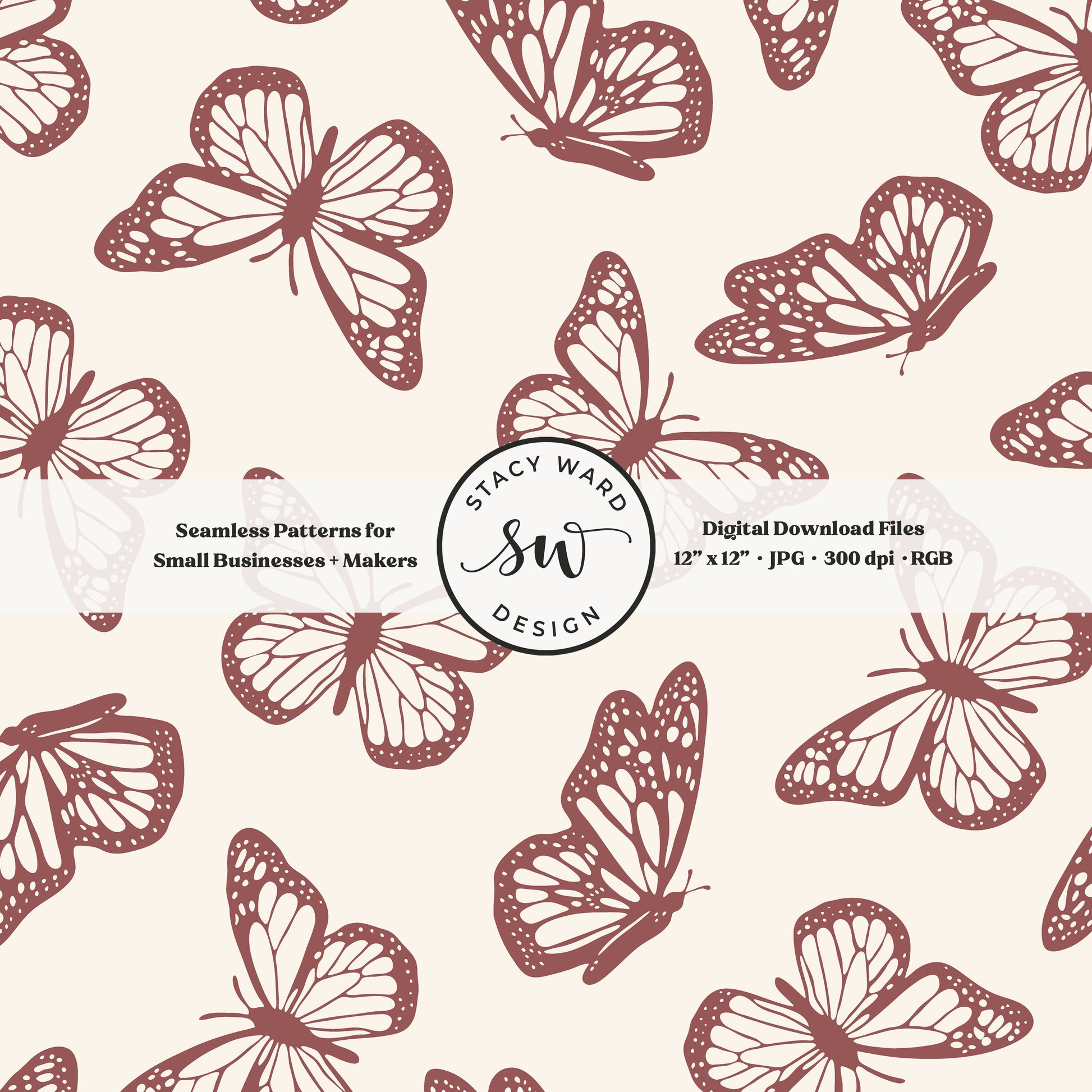Vintage butterfly illustrations on a seamless pattern in bold burgundy wine on cream minimal monarch butterflies