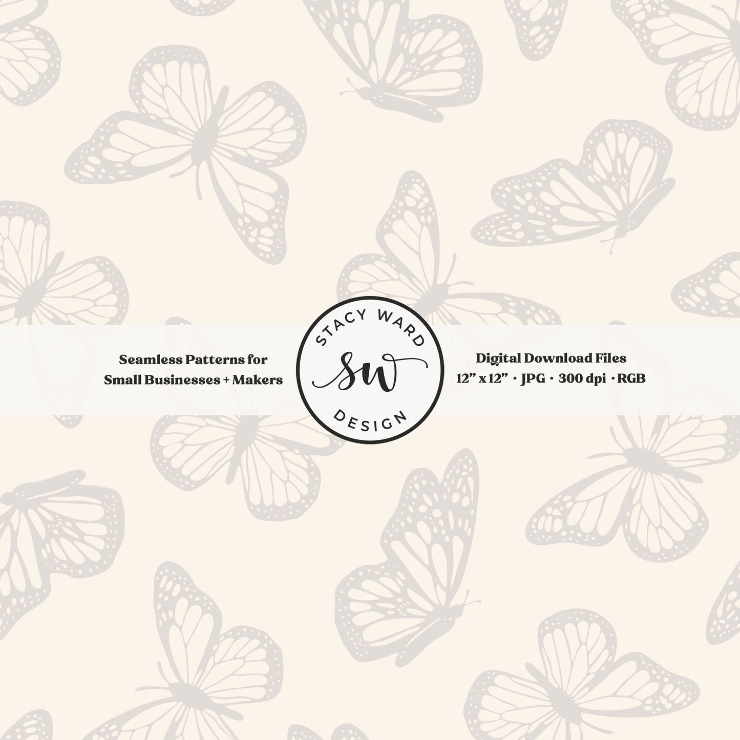 Vintage butterfly illustrations on a seamless pattern in soft pale greige on cream minimal monarch butterflies