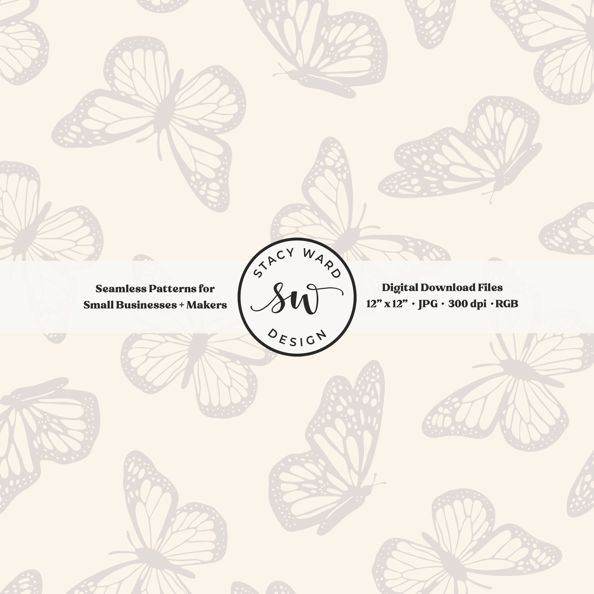 Vintage butterfly illustrations on a seamless pattern in soft pale greige on cream minimal monarch butterflies