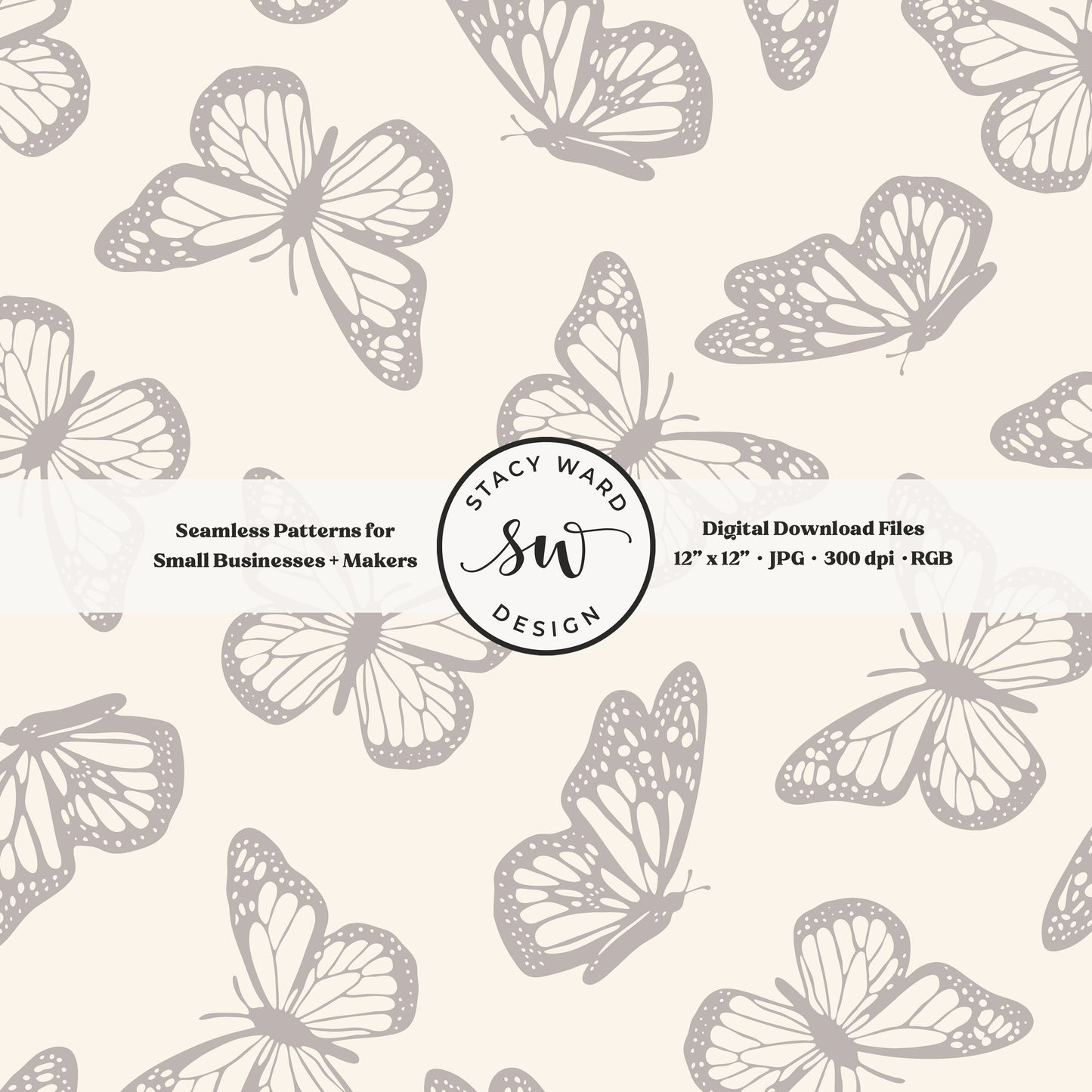 Vintage butterfly illustrations on a seamless pattern in neutral grayish brown on cream minimal monarch butterflies