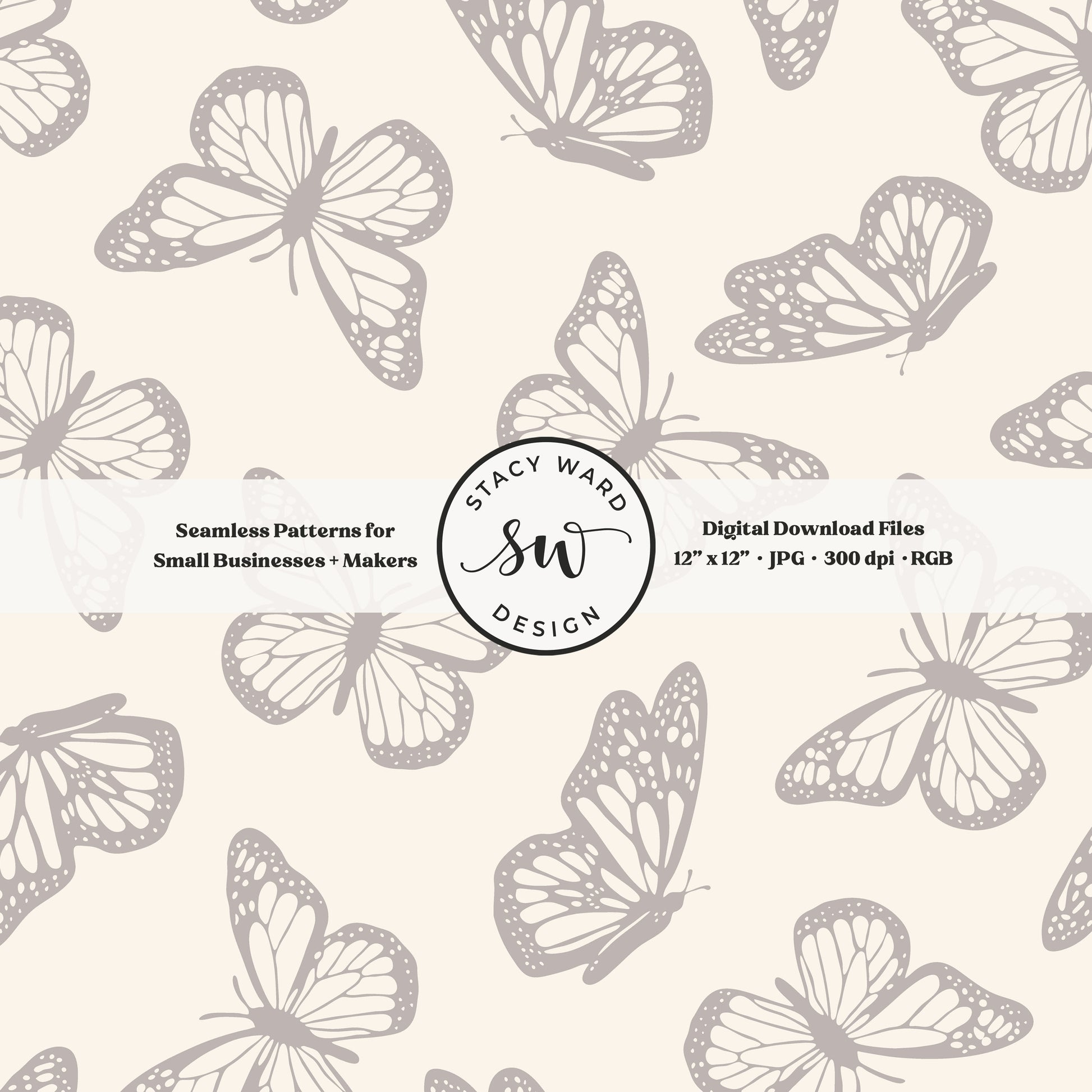 Vintage butterfly illustrations on a seamless pattern in neutral grayish brown on cream minimal monarch butterflies