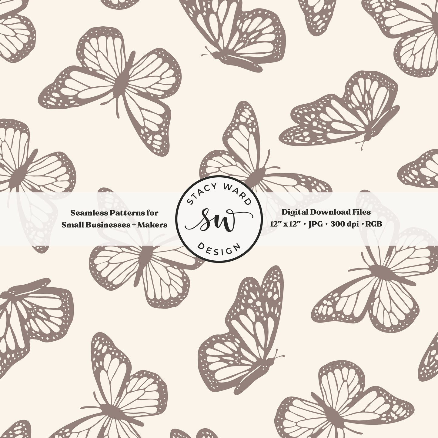 Vintage butterfly illustrations on a seamless pattern in grayish brown taupe beige on cream minimal monarch butterflies
