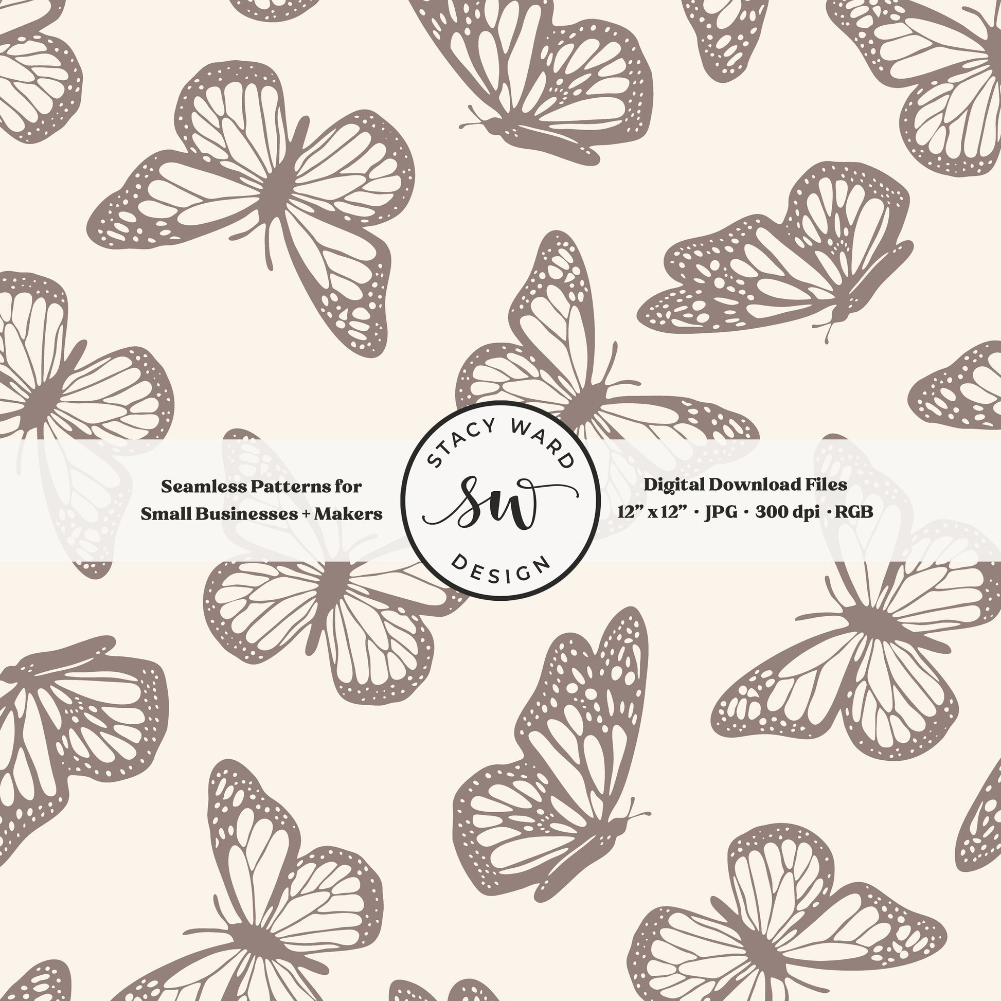 Vintage butterfly illustrations on a seamless pattern in grayish brown taupe beige on cream minimal monarch butterflies