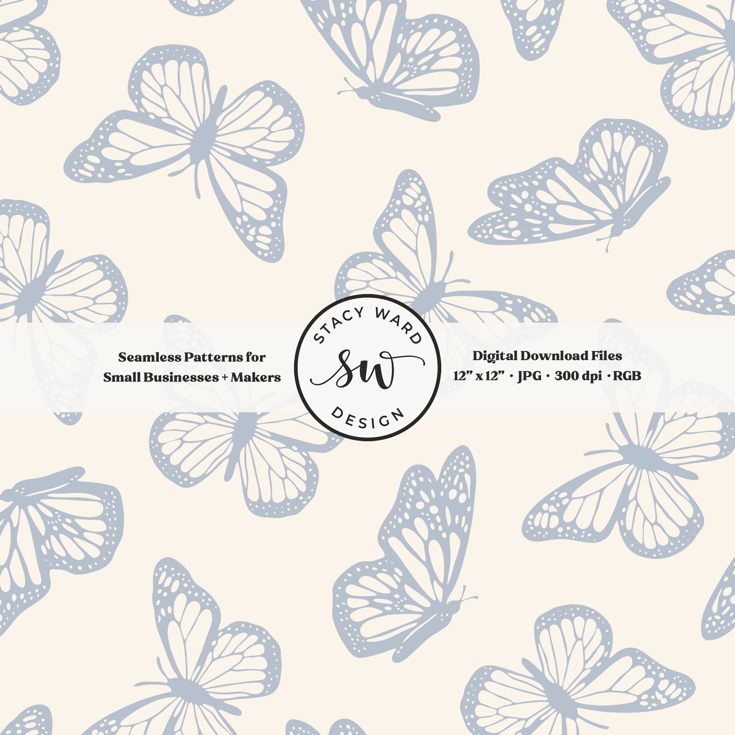 Vintage butterfly illustrations on a seamless pattern in preppy coastal blue on cream minimal monarch butterflies