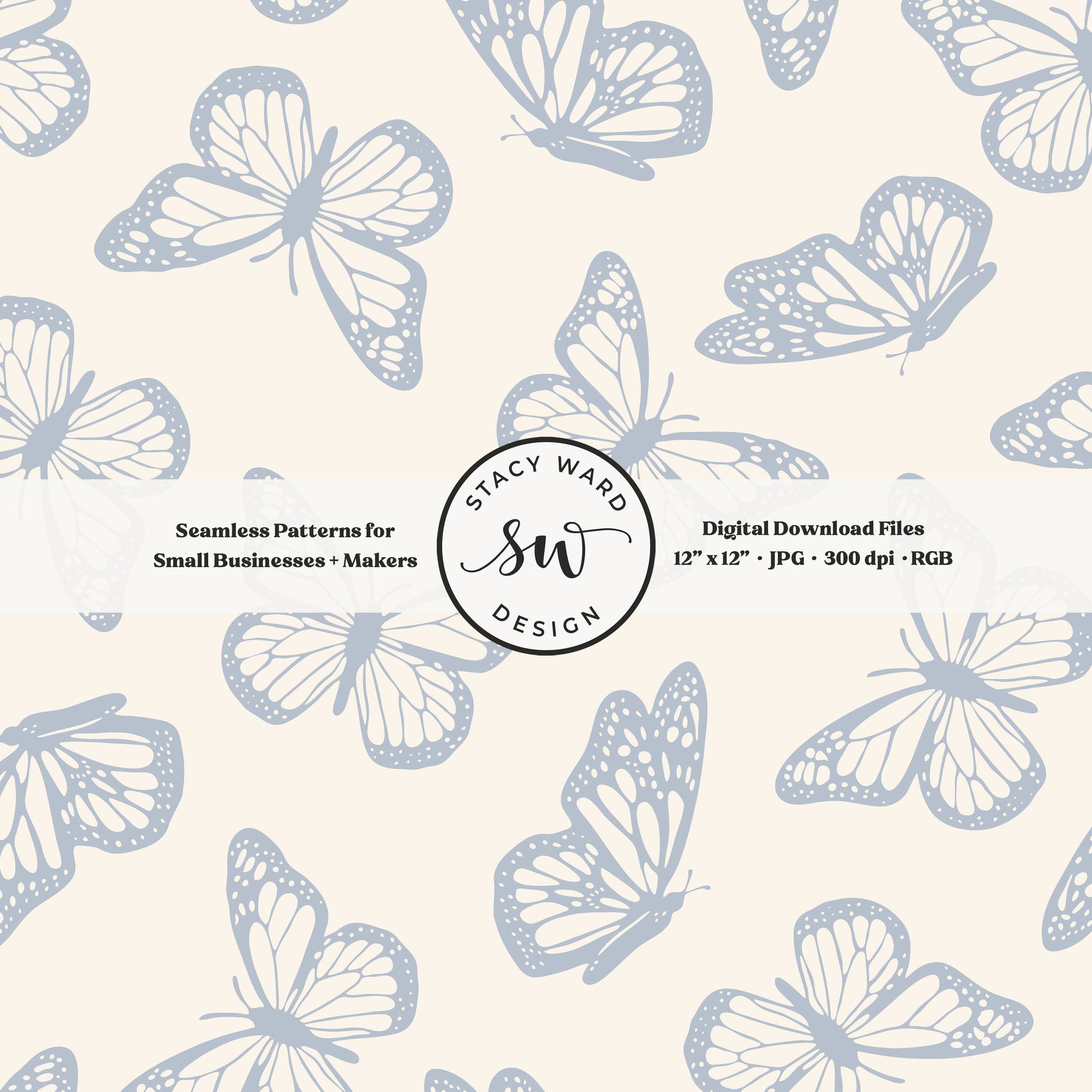 Vintage butterfly illustrations on a seamless pattern in preppy coastal blue on cream minimal monarch butterflies