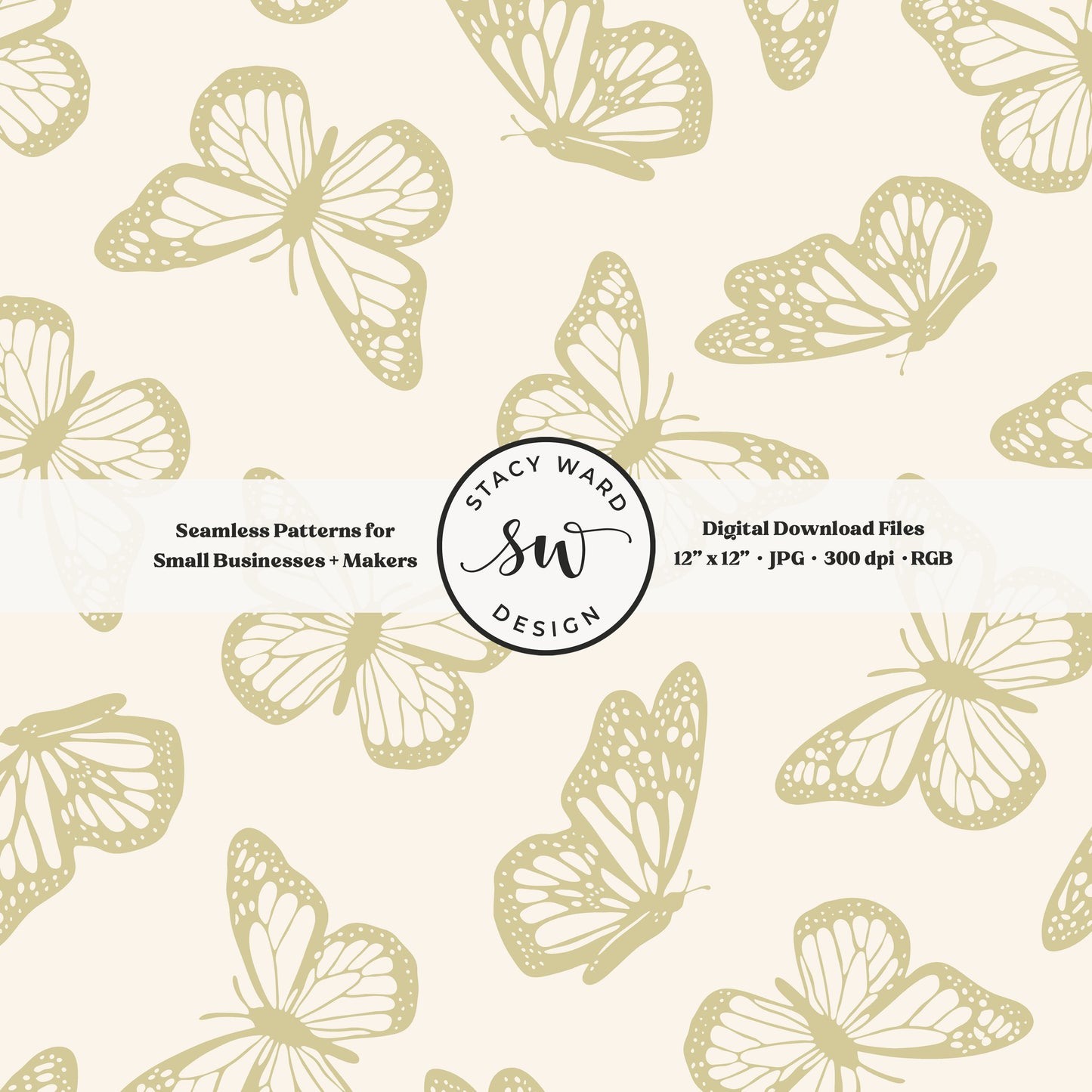 Vintage butterfly illustrations on a seamless pattern in earth tone yellowish green on cream minimal monarch butterflies