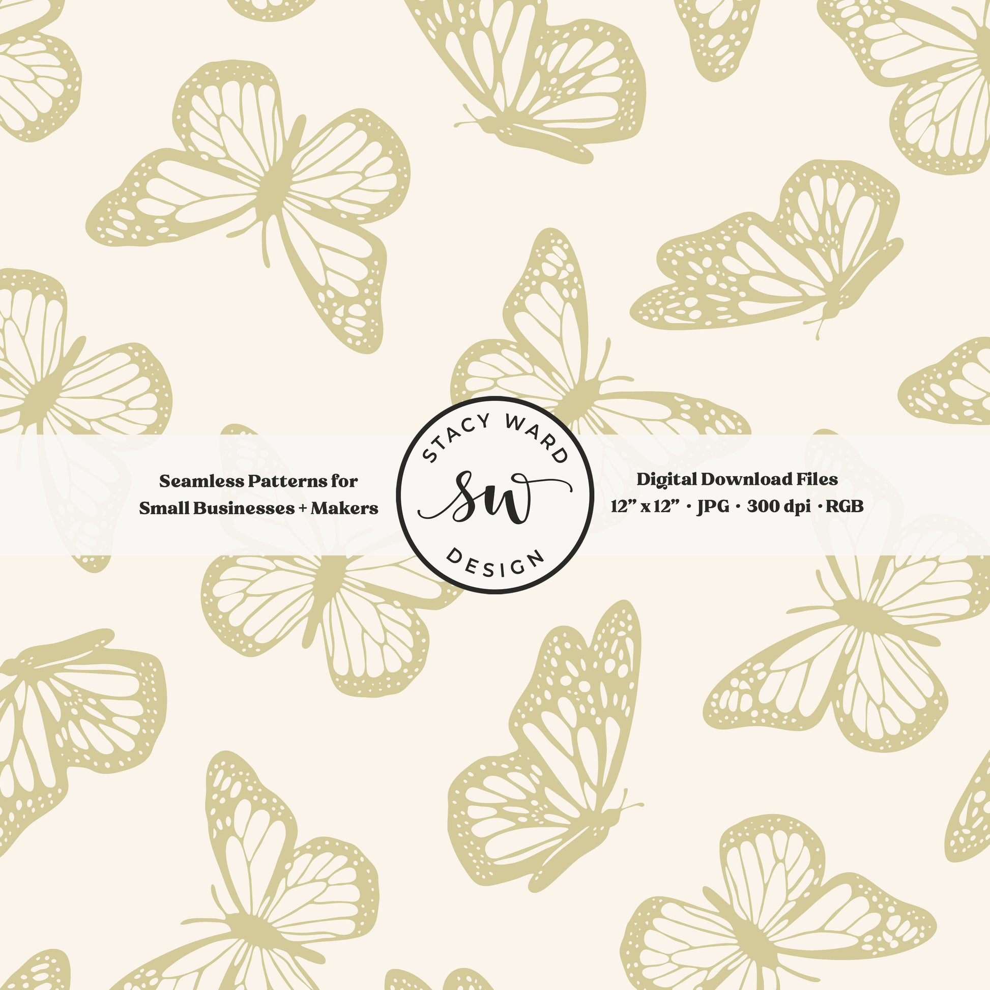 Vintage butterfly illustrations on a seamless pattern in earth tone yellowish green on cream minimal monarch butterflies