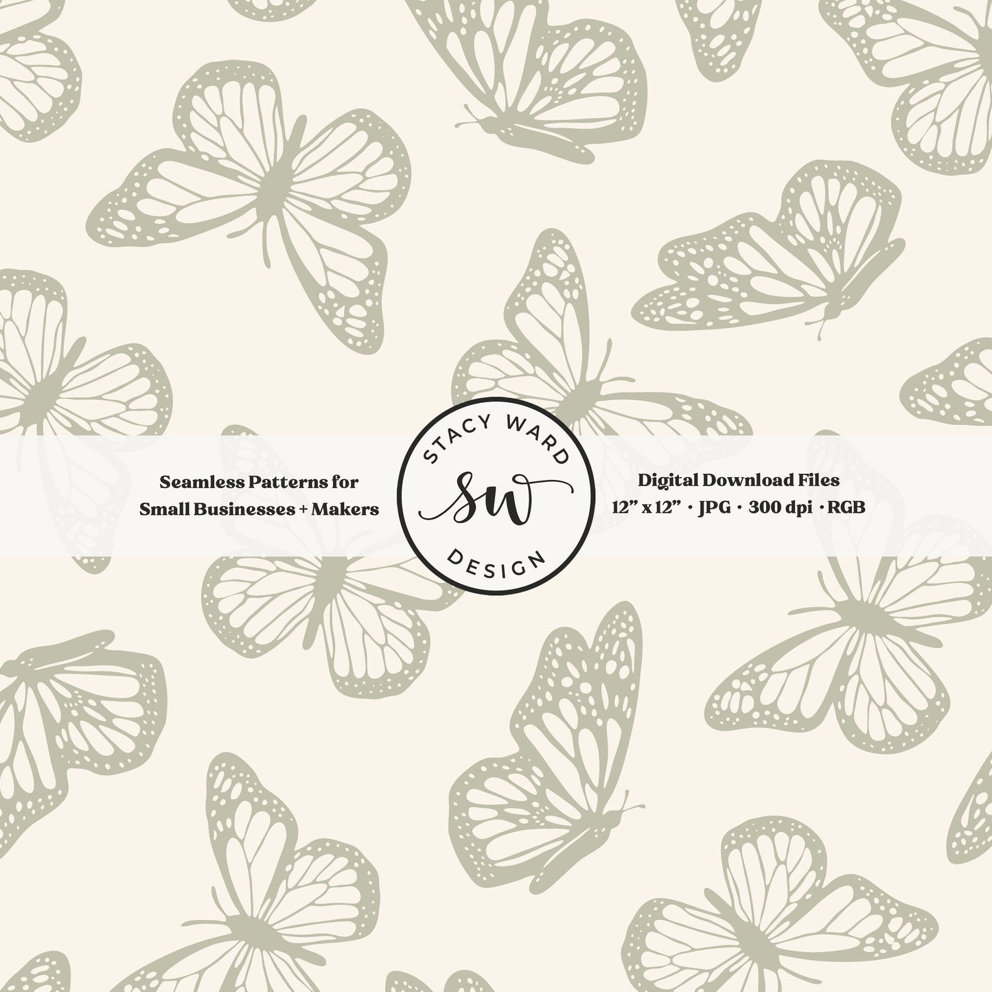 Vintage butterfly illustrations on a seamless pattern in soft dusty sage on cream minimal monarch butterflies