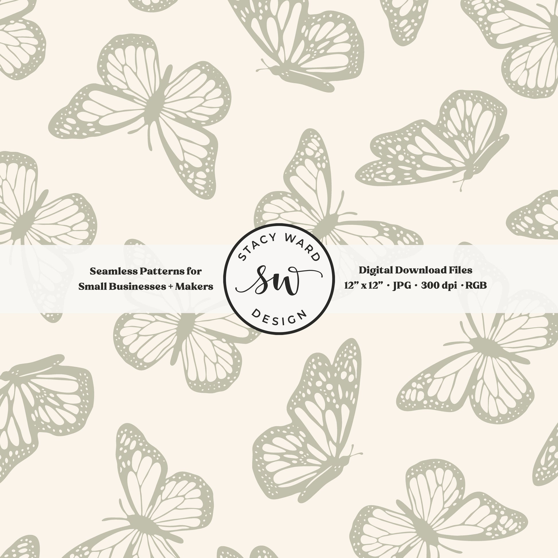 Vintage butterfly illustrations on a seamless pattern in soft dusty sage on cream minimal monarch butterflies