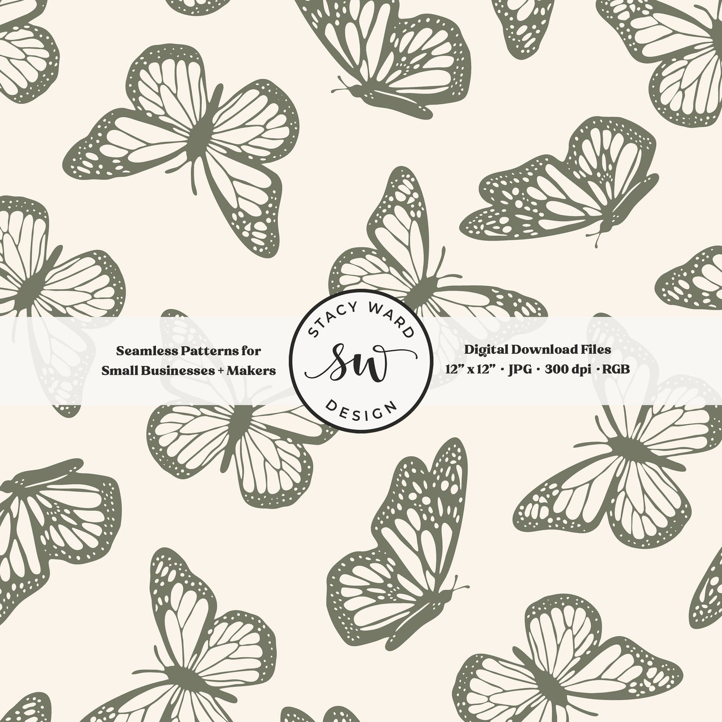 Vintage butterfly illustrations on a seamless pattern in earth tone camouflage green on cream minimal monarch butterflies
