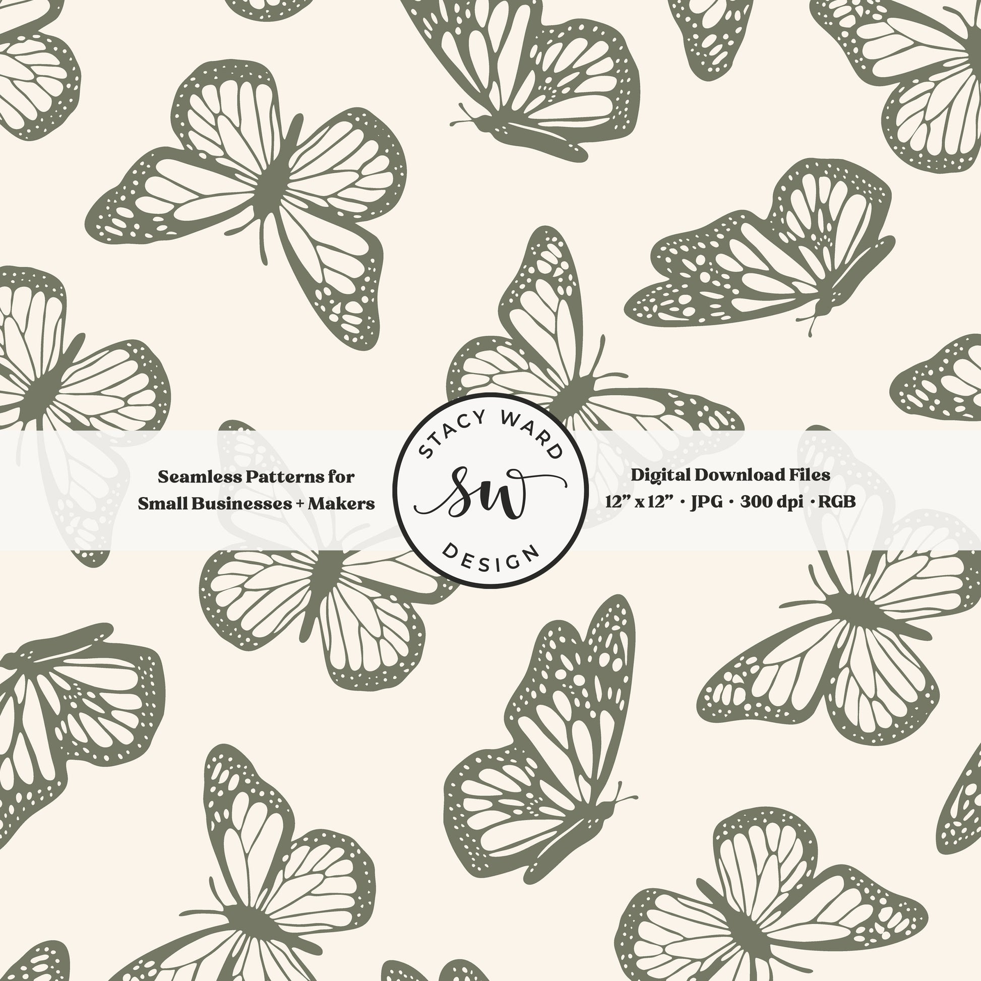 Vintage butterfly illustrations on a seamless pattern in earth tone camouflage green on cream minimal monarch butterflies