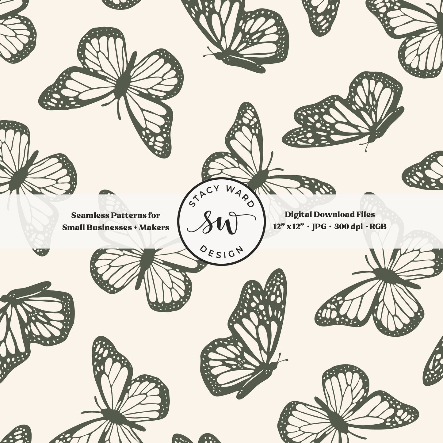 Vintage butterfly illustrations on a seamless pattern in masculine dark green on cream minimal monarch butterflies